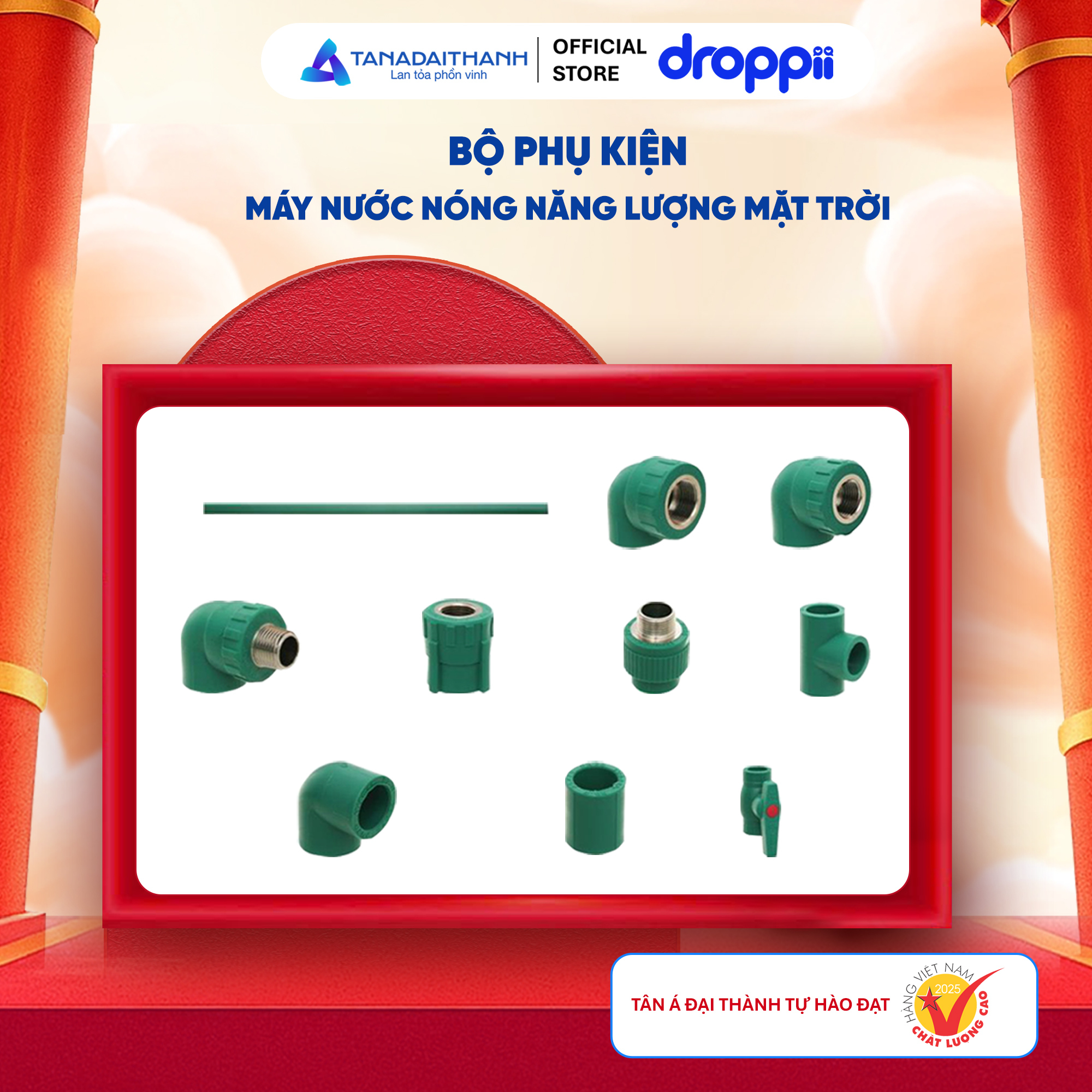 Bộ tặng phẩm năng lượng mặt trời – phụ kiện PPR phi 25 (10 món)_ 3 cút - Phân phối chính hãng
