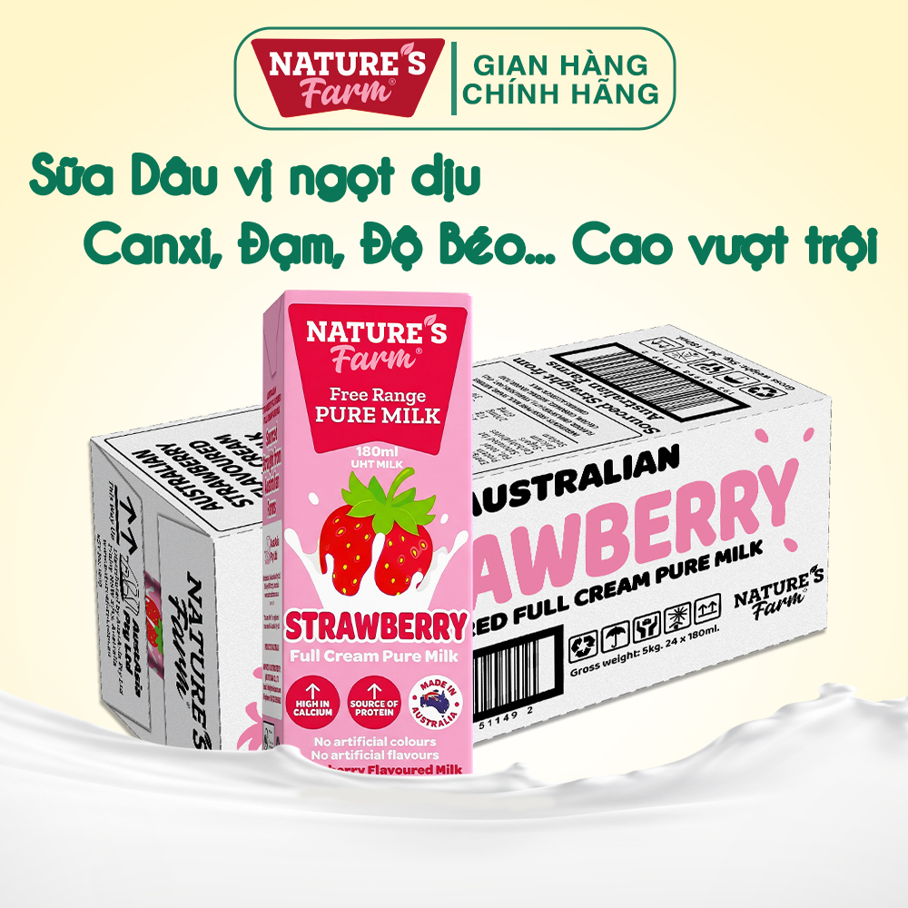 Thùng sữa Nature's Farm Dâu Hộp 180ml - Sữa Tươi Vị Dâu, Ít Đường - Sữa Nhập Khẩu Úc