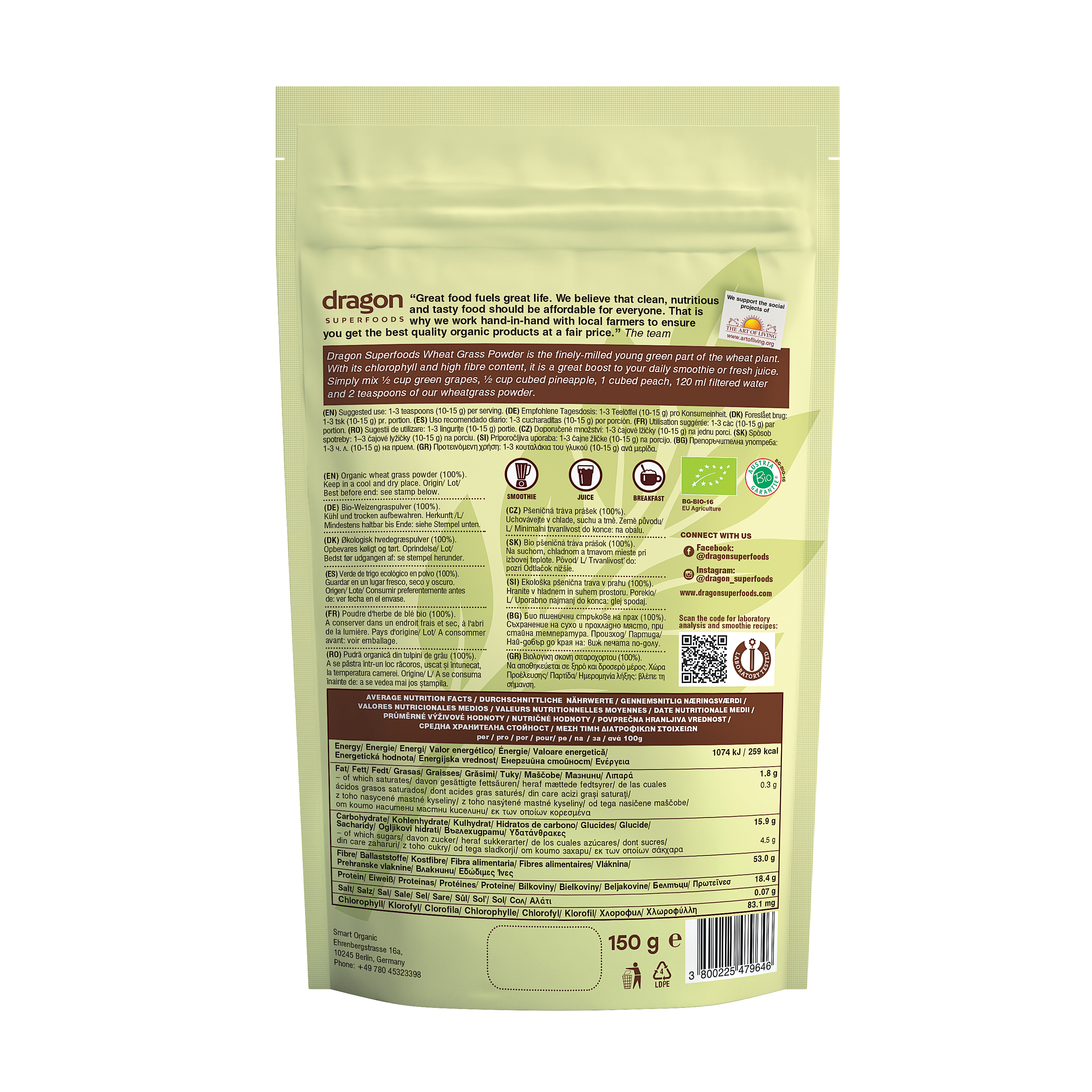 Bột cỏ lúa mì hữu cơ Dragon Superfoods 150g
