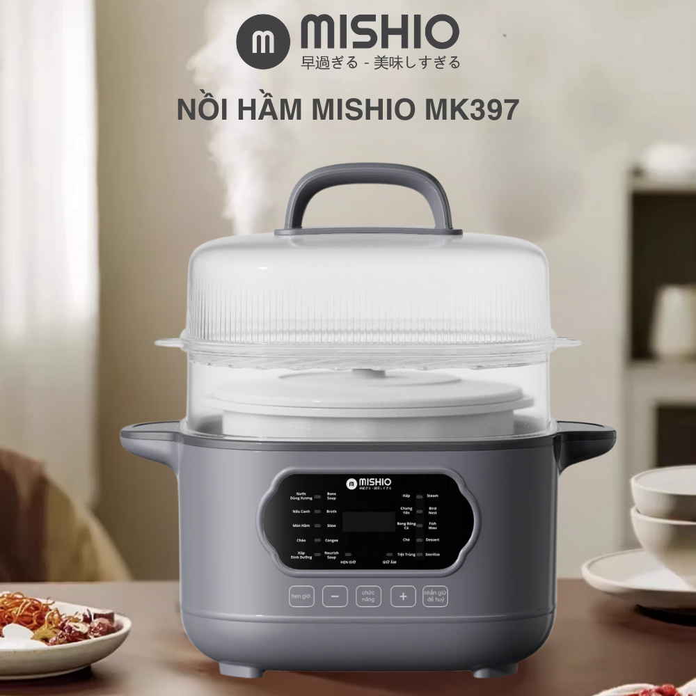 Nồi nấu chậm lòng sứ 3L Mishio MK397 kèm xửng hấp và 4 thố sứ tiện lợi không lo cháy khét hay bong tróc chống dính