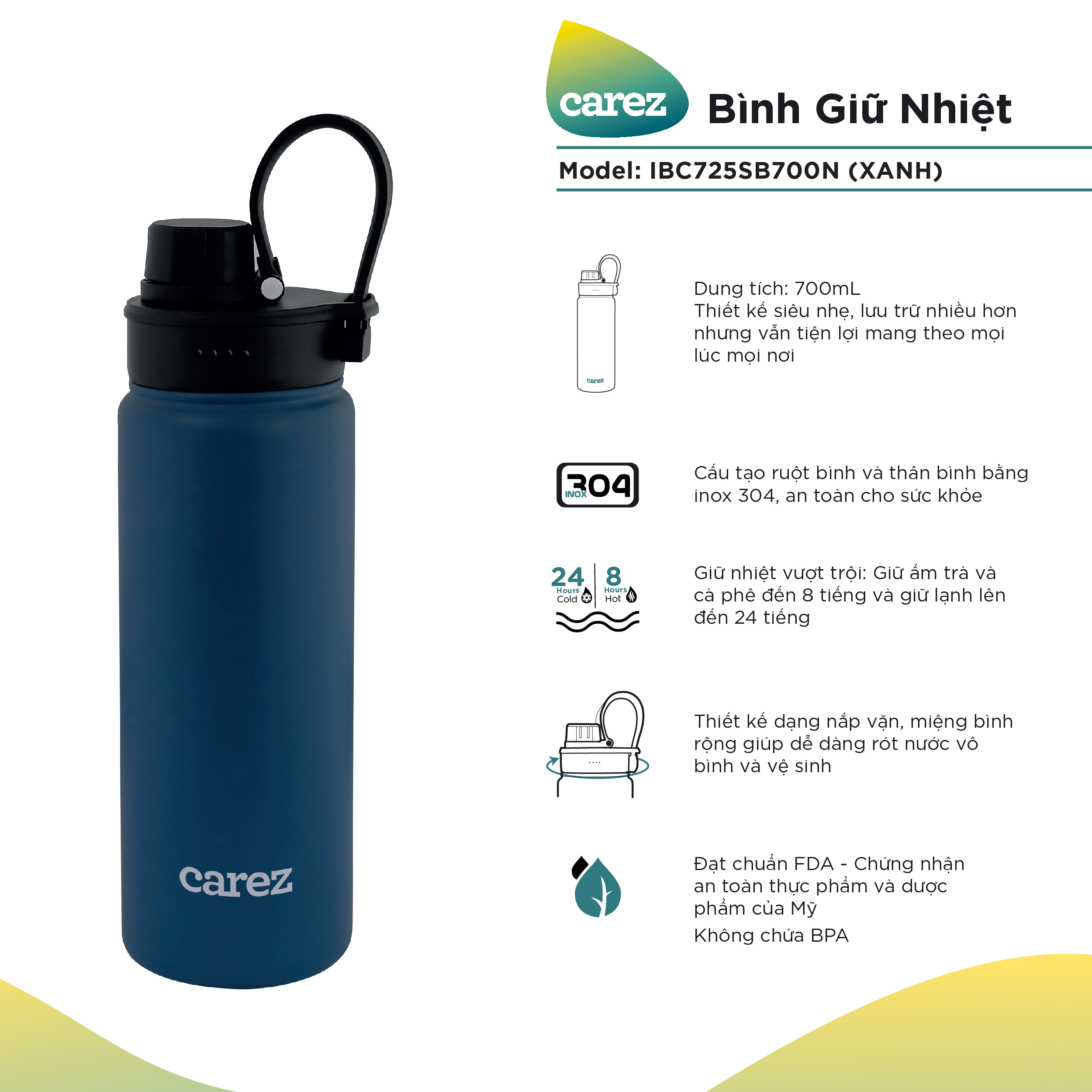 Bình giữ nhiệt CAREZ IBC725SB700N 700ml màu xanh đen