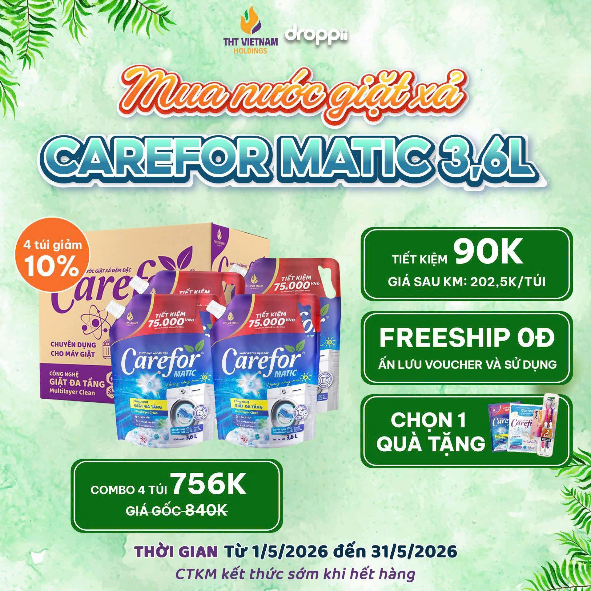 Nước giặt xả đậm đặc Carefor matic 3600ml (hương nắng mai)