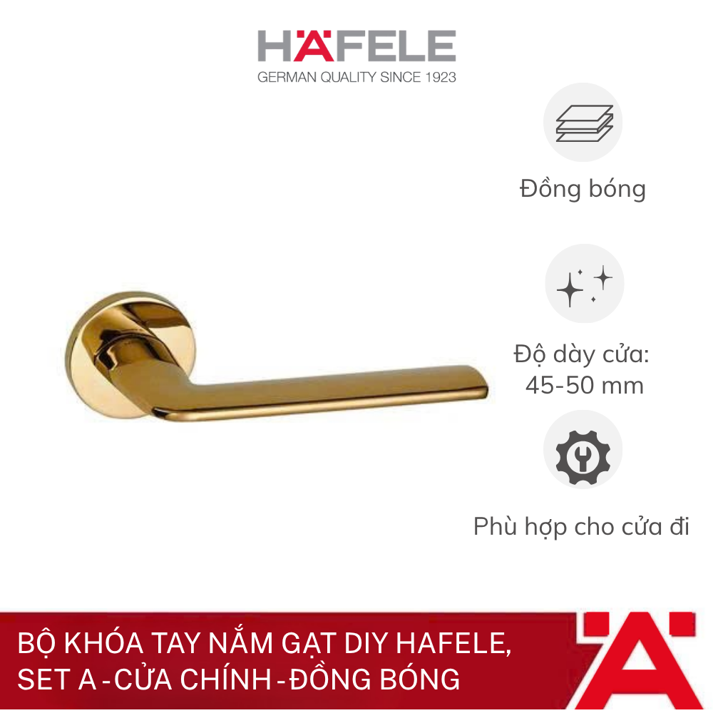 Bộ khóa tay nắm gạt DIY Hafele, Set A - Cửa chính - Đồng bóng 499.63.603