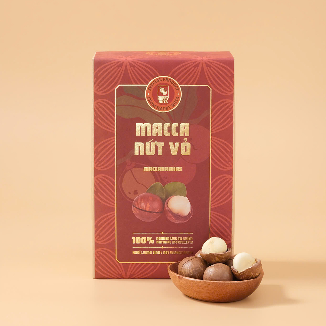 Hạt macca Úc nứt vỏ size 25/27 Happy Nuts 500gr - Phân phối chính hãng