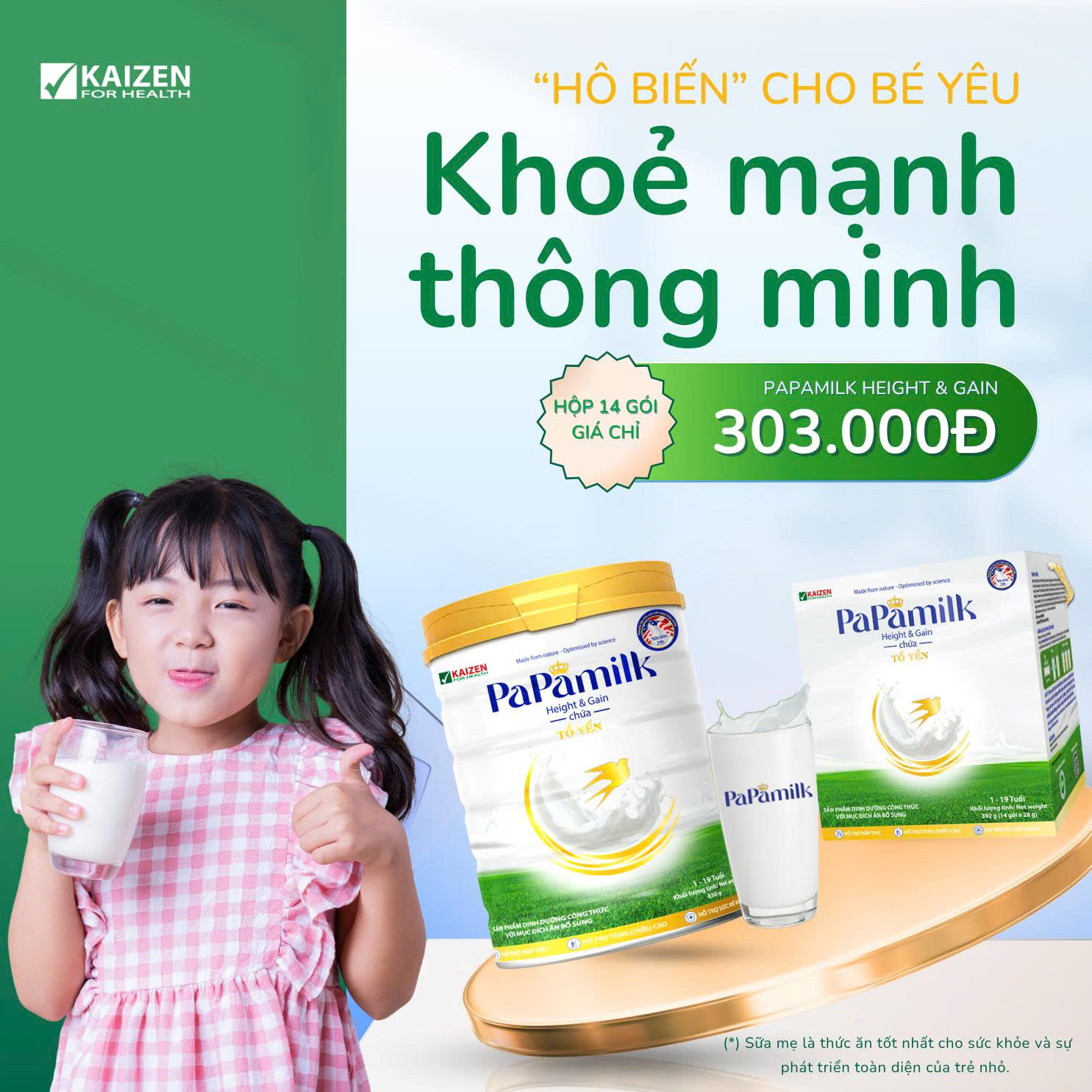 Sữa non tổ yến Papamilk Height & Gain giúp tăng cân tăng chiều cao cho Trẻ từ 1-19 tuổi (14gói x 28g)