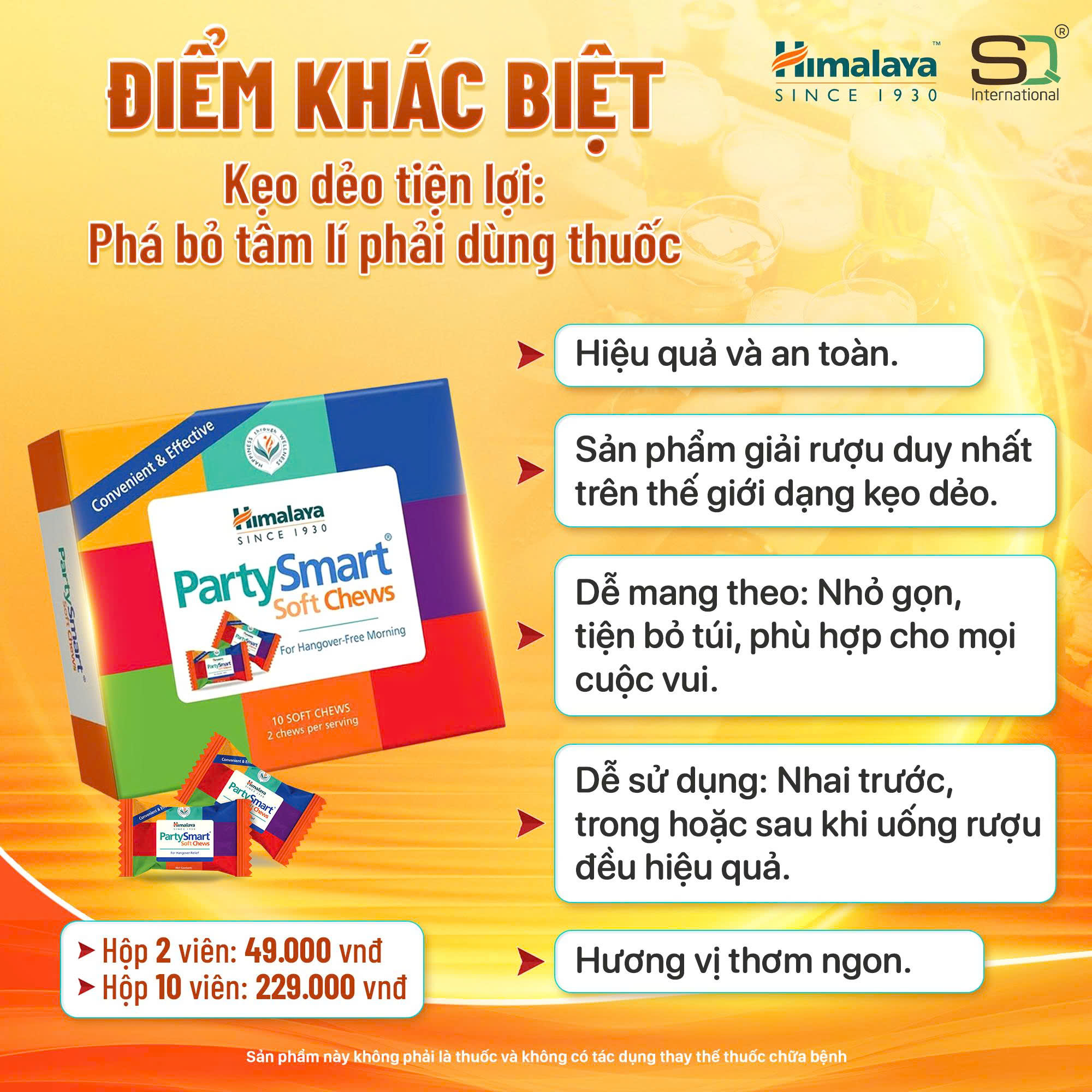 Combo 3 hộp 2 viên Kẹo giải rượu Party Smart hỗ trợ giảm buồn nôn, khó chịu sau tiệc tùng