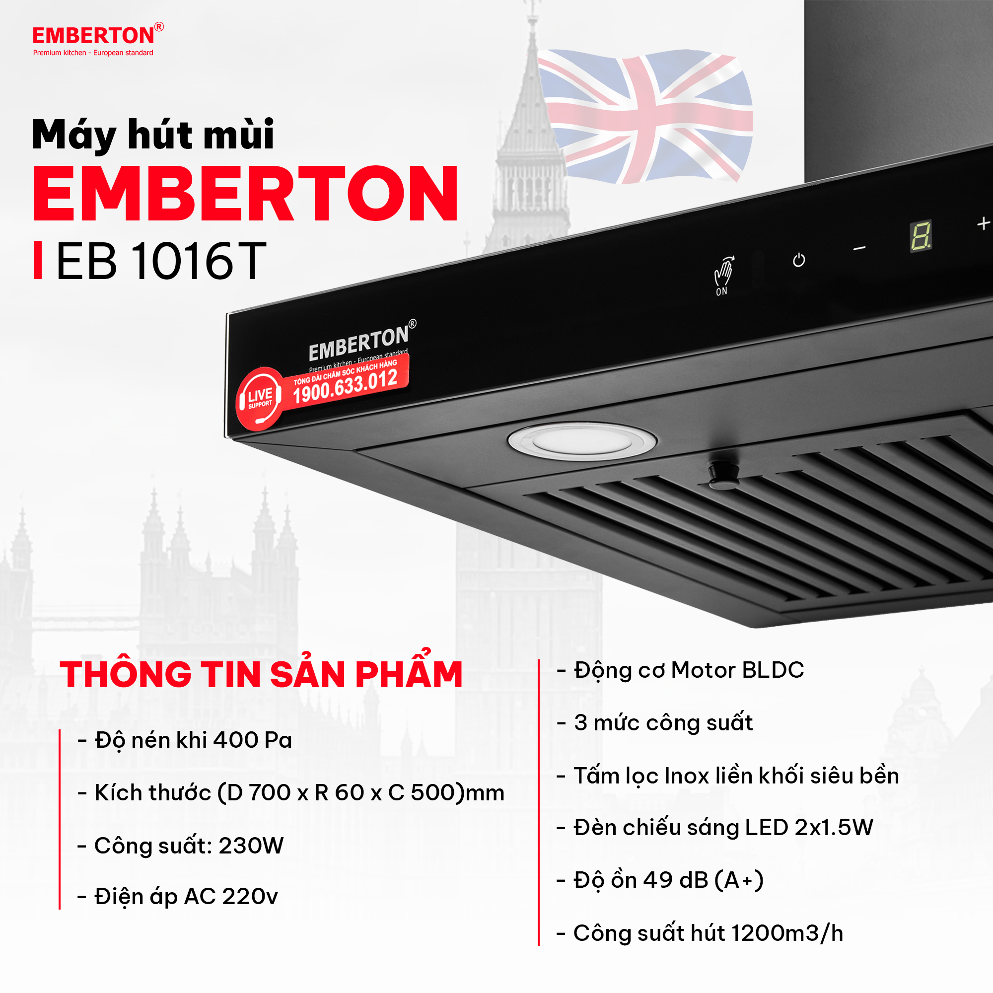 Máy hút mùi chữ T cảm ứng vẫy tay Emberton EB 1016T