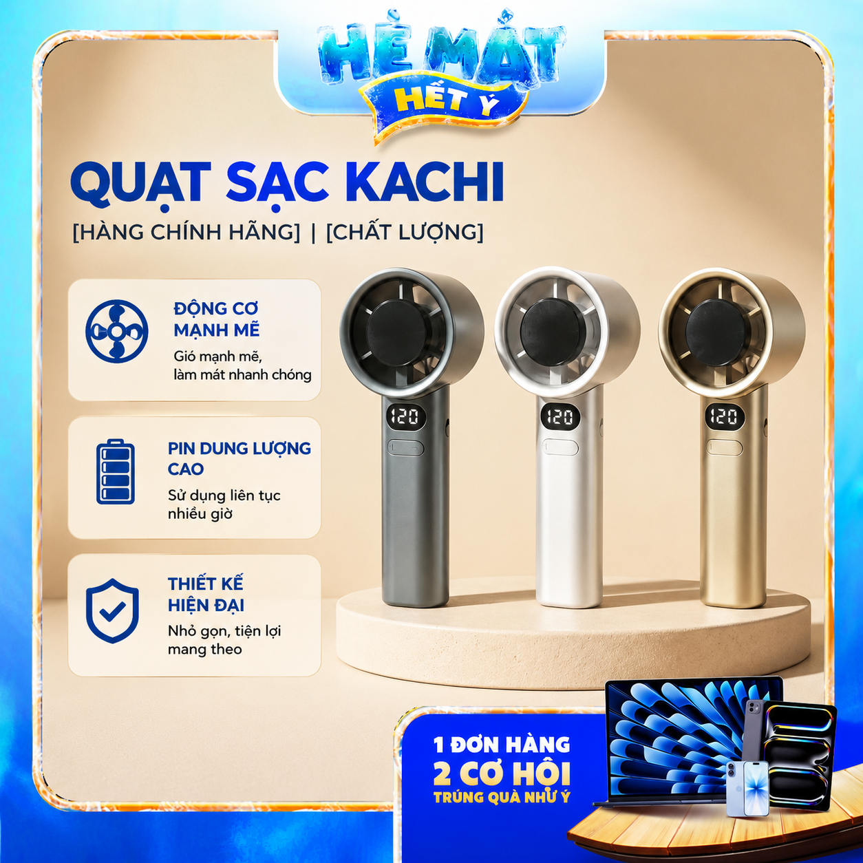 Quạt Cầm Tay Kachi MK442 – 120 Cấp Độ Gió Tuabin, Màn Hình LED Hiển Thị Pin, Bảo Hành 18 Tháng - Phân phối chính hãng