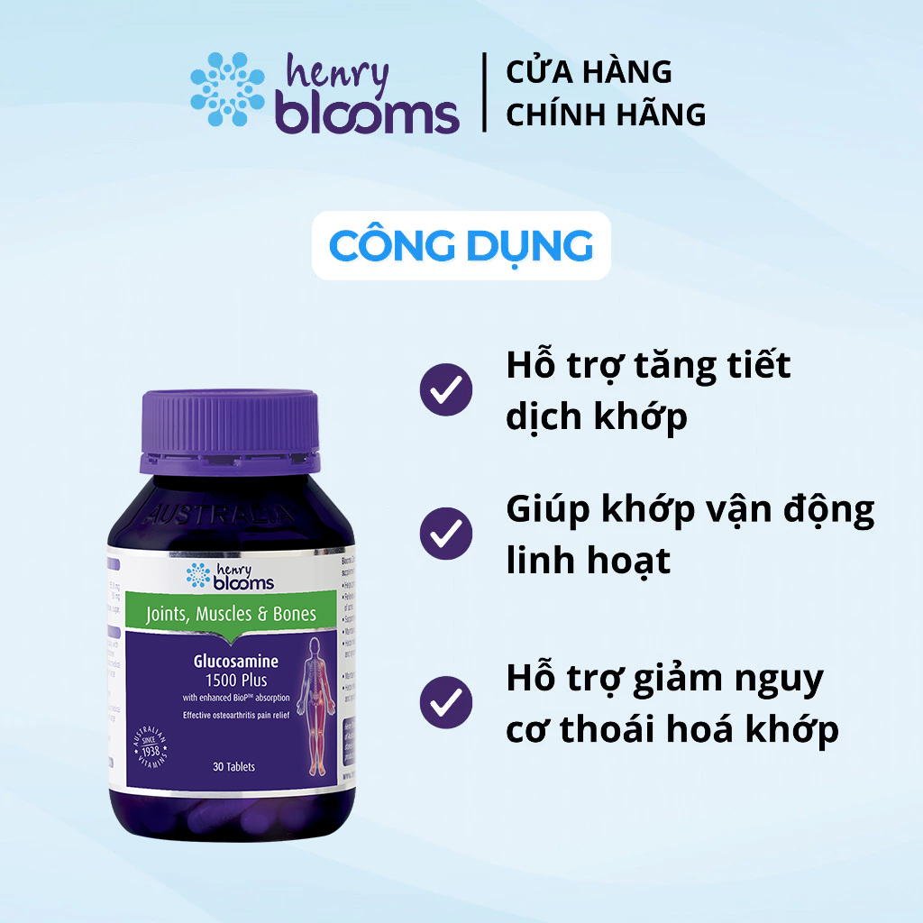 Viên uống sức khỏe HENRY BLOOMS Glucosamine 1500 Plus hỗ trợ giảm nguy cơ thoái hóa khớp và bảo vệ màng sụn khớp (hộp 30 viên)