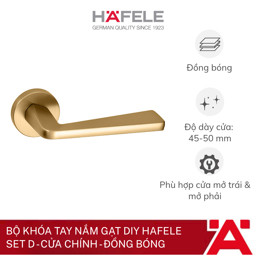 Bộ khóa tay nắm gạt DIY Hafele, Set D - Cửa chính - Đồng bóng 499.63.627