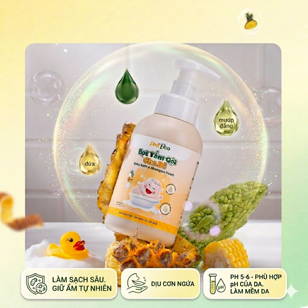Bọt tắm gội Fuwa3e x Pineboo giảm mụn, giảm rôm sẩy trẻ em và bé sơ sinh, thành phần an toàn 500ml - Phân phối chính hãng