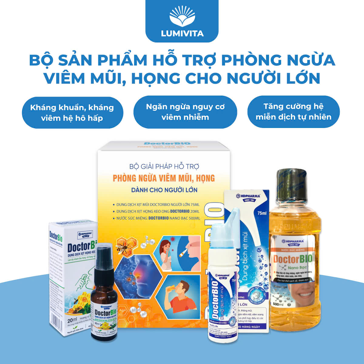 Bộ sản phẩm hỗ trợ phòng ngừa viêm mũi, họng dành cho người lớn DOCTORBIO - Phân phối chính hãng