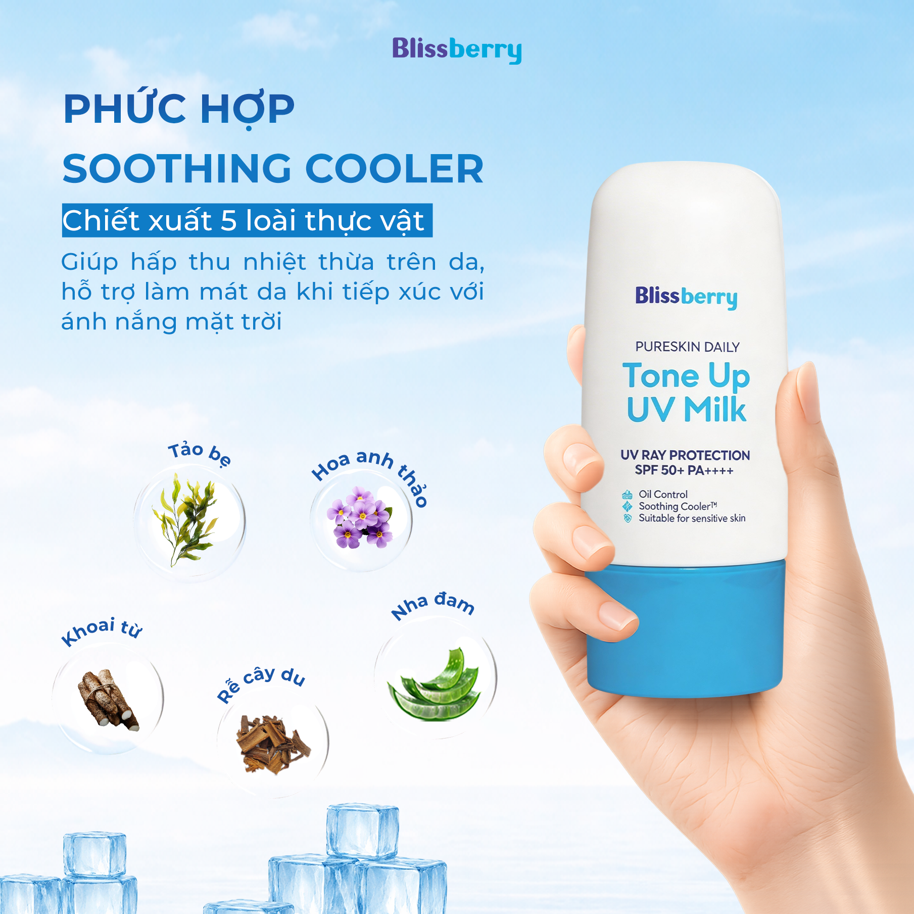 Kem chống nắng nâng tone kiềm dầu SPF50+, PA++++ Blissberry 60ml
