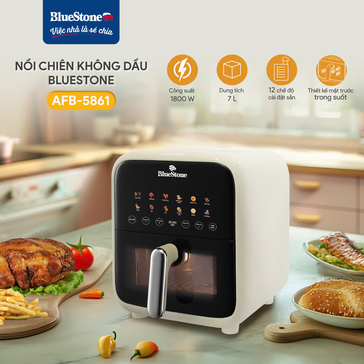 Nồi chiên không dầu điện tử BLUESTONE AFB-5861 7 Lít 1800W