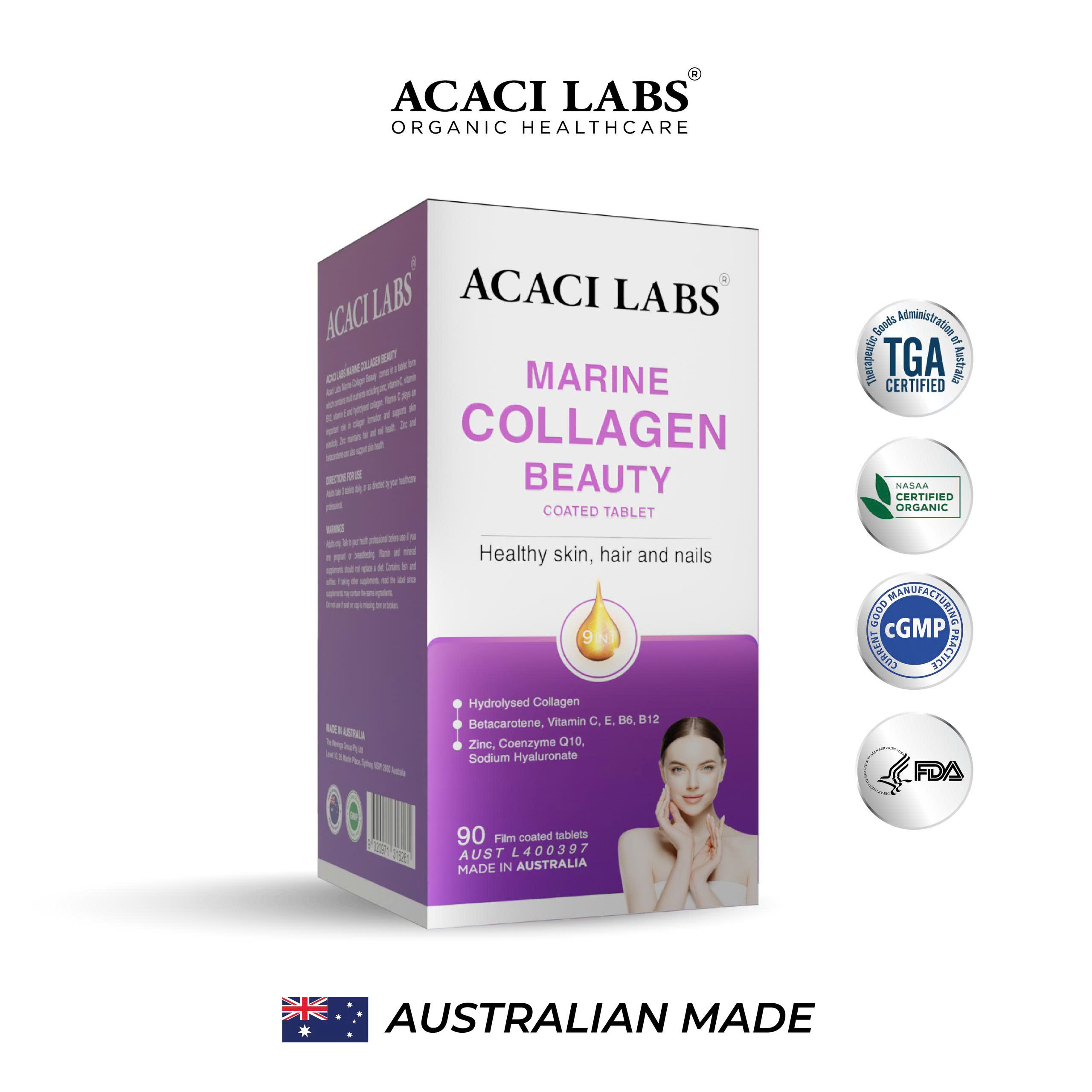 Collagen Thủy Phân Hỗ Trợ Da-Móng-Tóc Marine Collagen Beauty Acaci Labs Úc Chính Hãng (Hộp 90 Viên) - Phân phối chính hãng