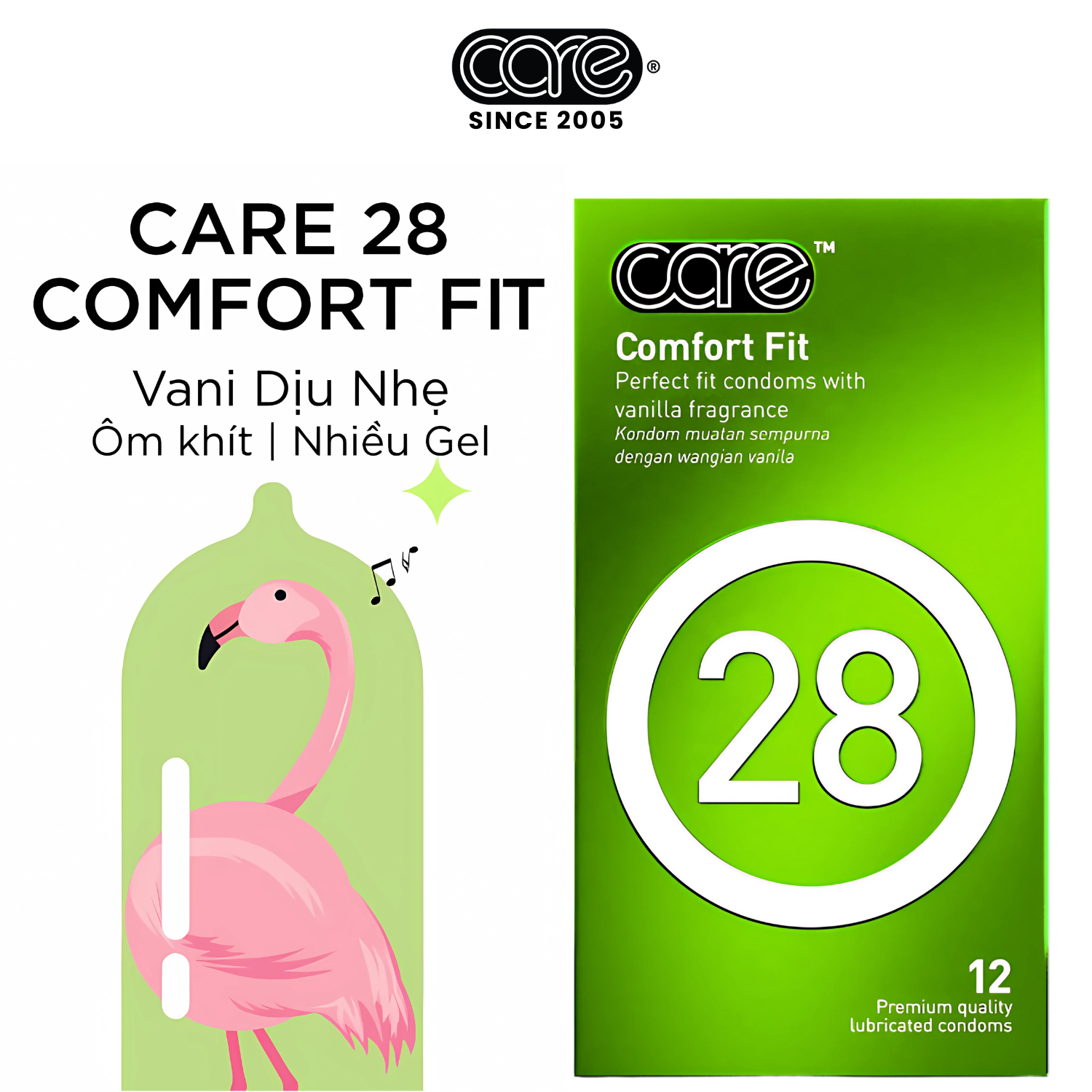 Bao cao su CARE 28 trơn mỏng truyền thống - hương vani (hộp 12 bcs)