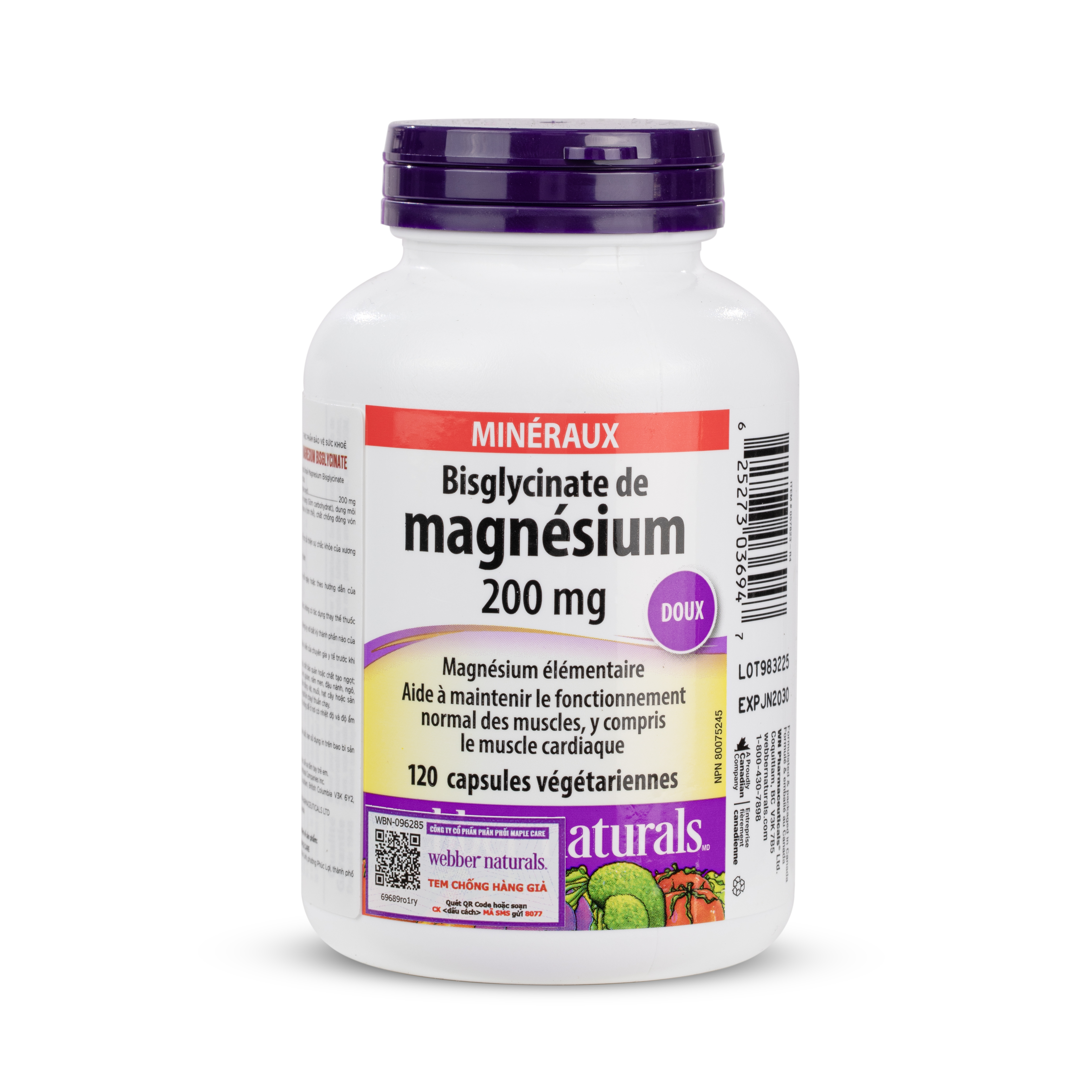 Thực phẩm bảo vệ sức khoẻ Magnesium Bisglycinate 200 mg WEBBER NATURALS (Lọ 120 viên) - Phân phối chính hãng
