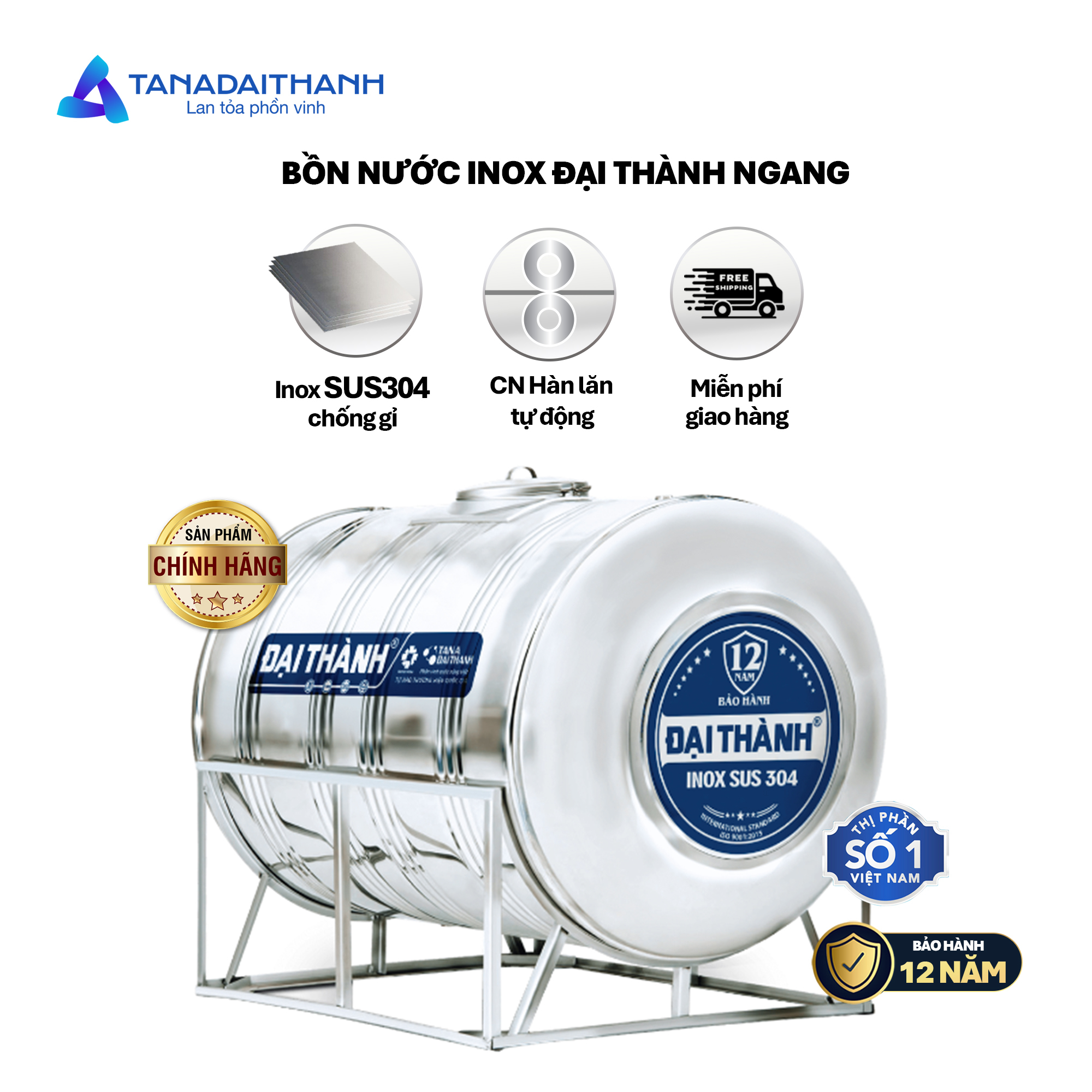 Bồn Inox 304 Đại Thành 500L ngang ĐK720 (Phân phối từ Kon Tum trở vào khu vực phía Nam)