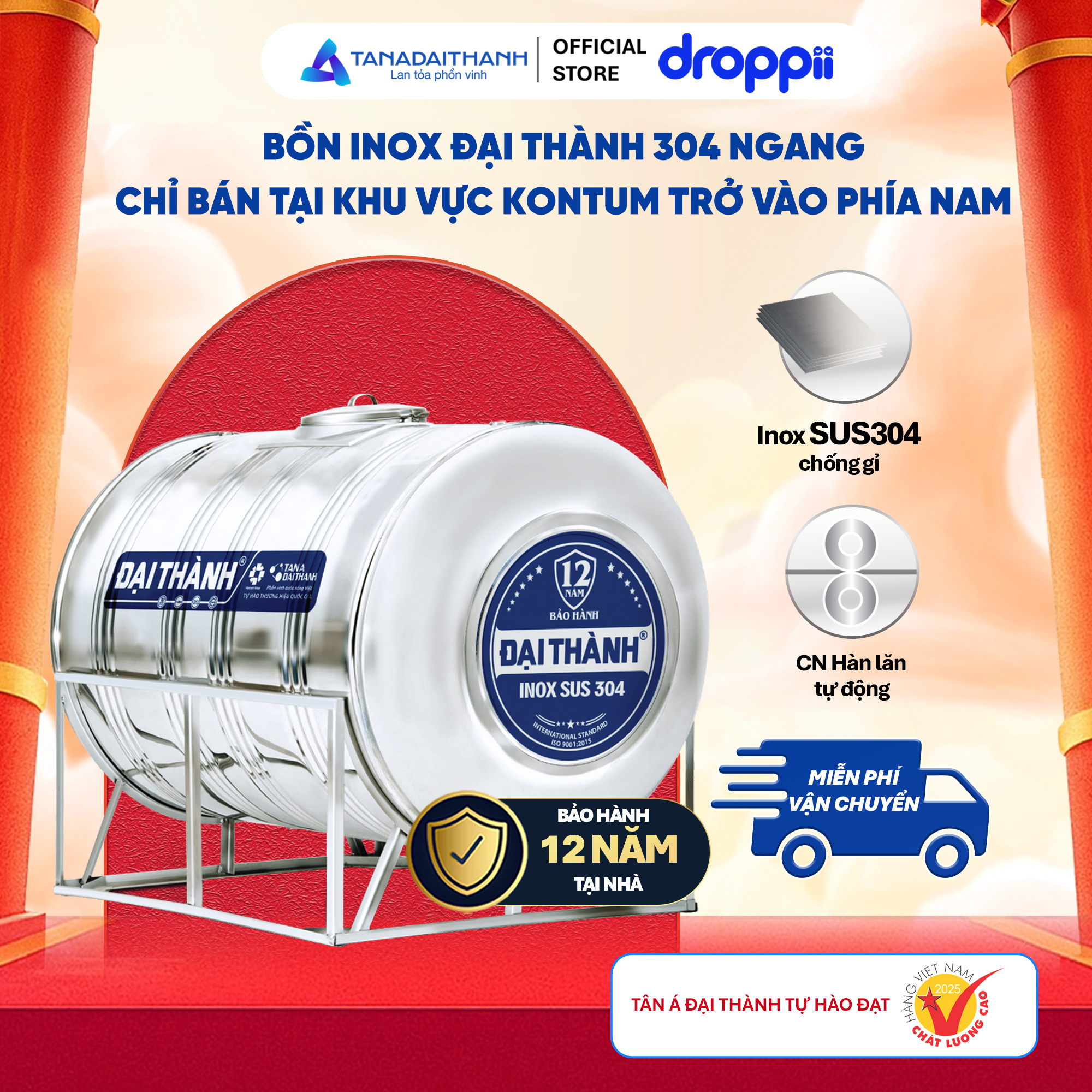 Bồn inox Đại Thành 304 ngang 4500l ĐK 1360 (Phân phối từ Kon Tum trở vào khu vực phía Nam)