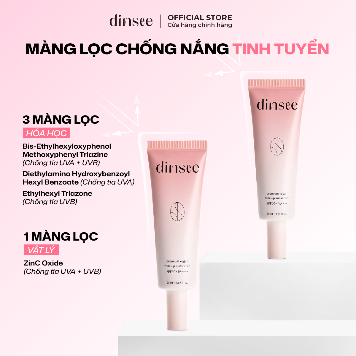 KEM CHỐNG NẮNG THUẦN CHAY SPF 50+ PA++++ ẨM MỊN, NÂNG TONE TRẮNG HỒNG DINSEE PREMIUM VEGAN TONE UP SUNSCREEN SPF50+ PA++++