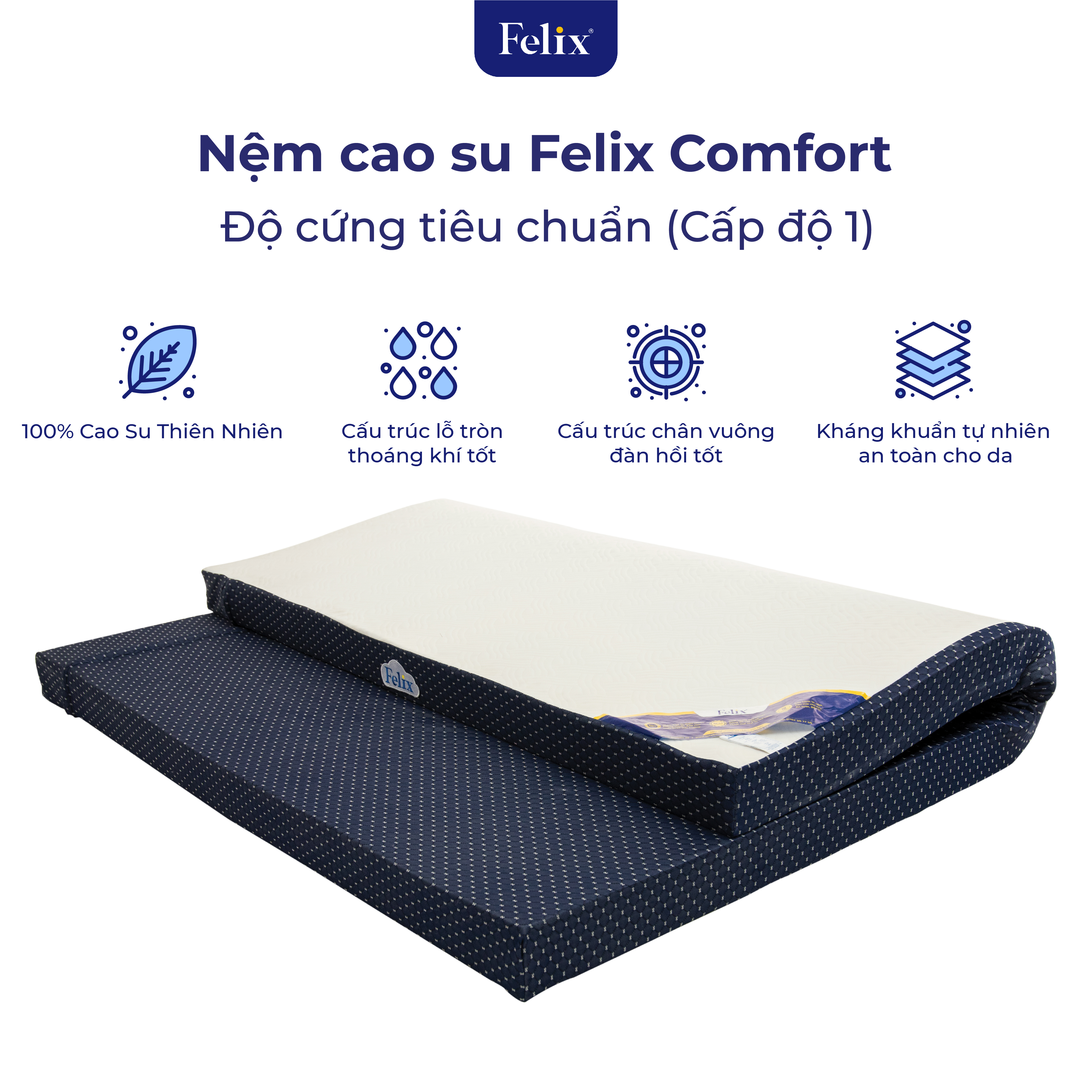 Nệm cao su FELIX Comfort - Độ cứng tiêu chuẩn (Cấp độ 1) - Độ dày nệm 5cm