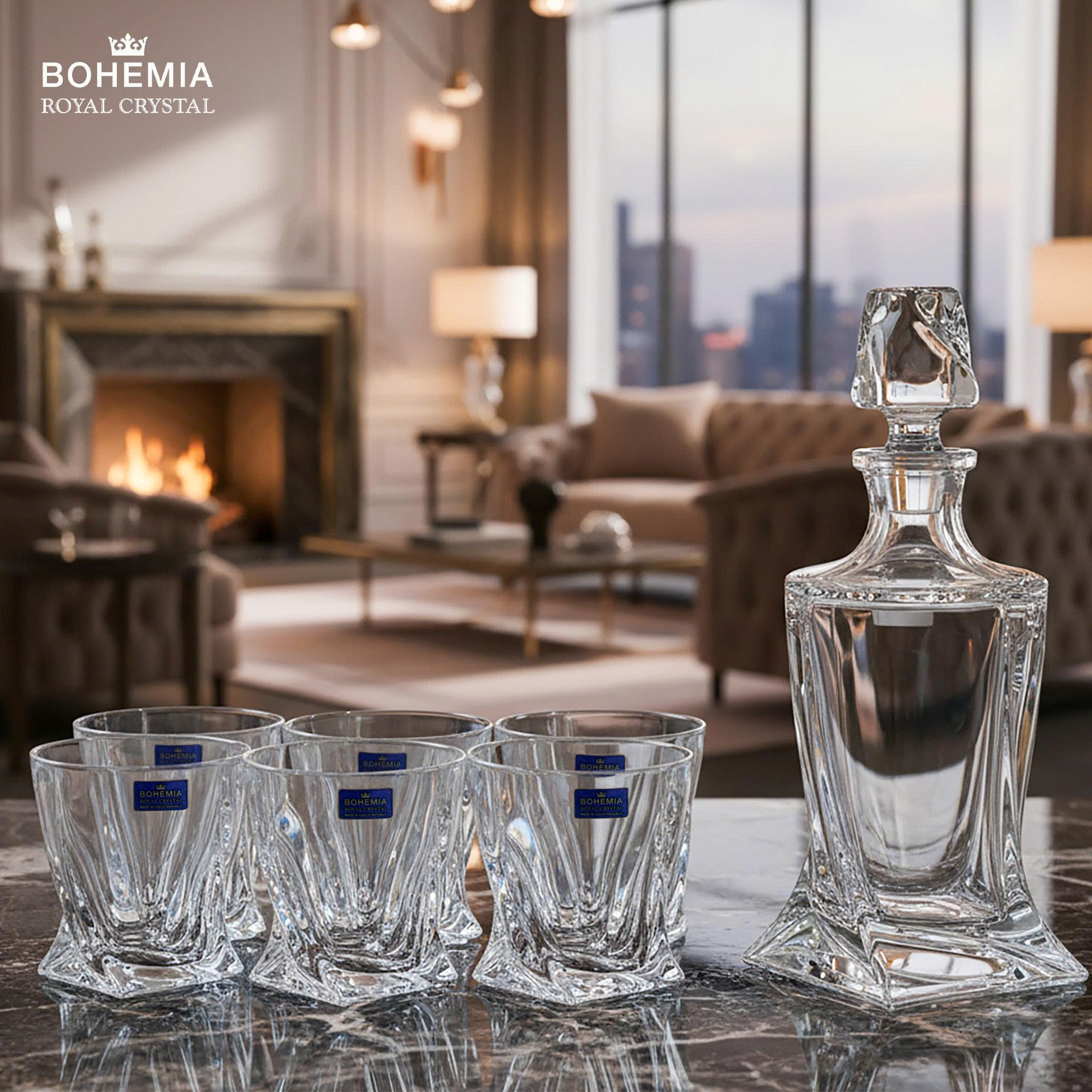 Bộ bình rượu Whisky 850ml và set 6 ly pha lê 340ml Bohemia Royal Crystal