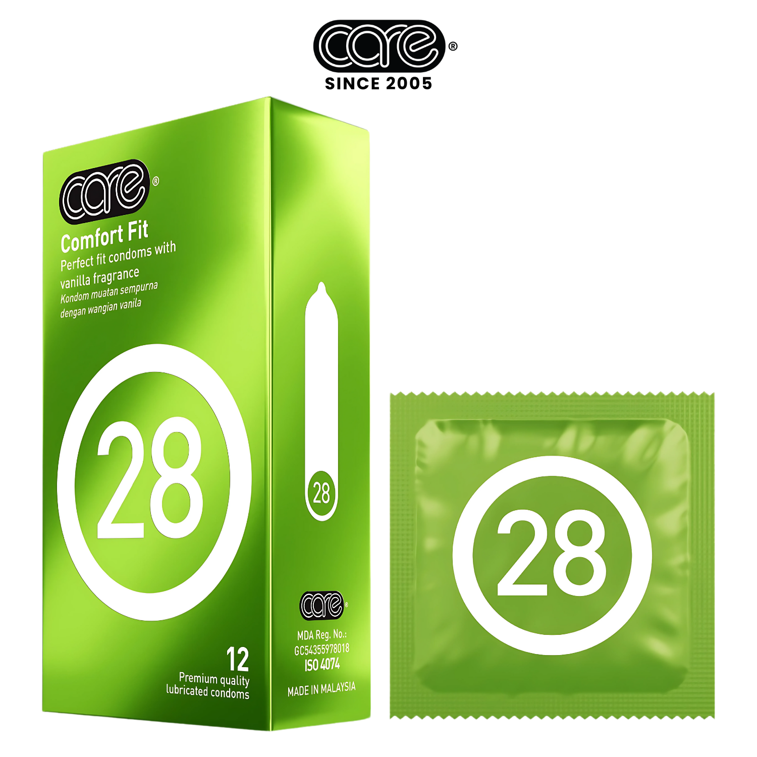 Bao cao su CARE 28 trơn mỏng truyền thống - hương vani (hộp 12 bcs)
