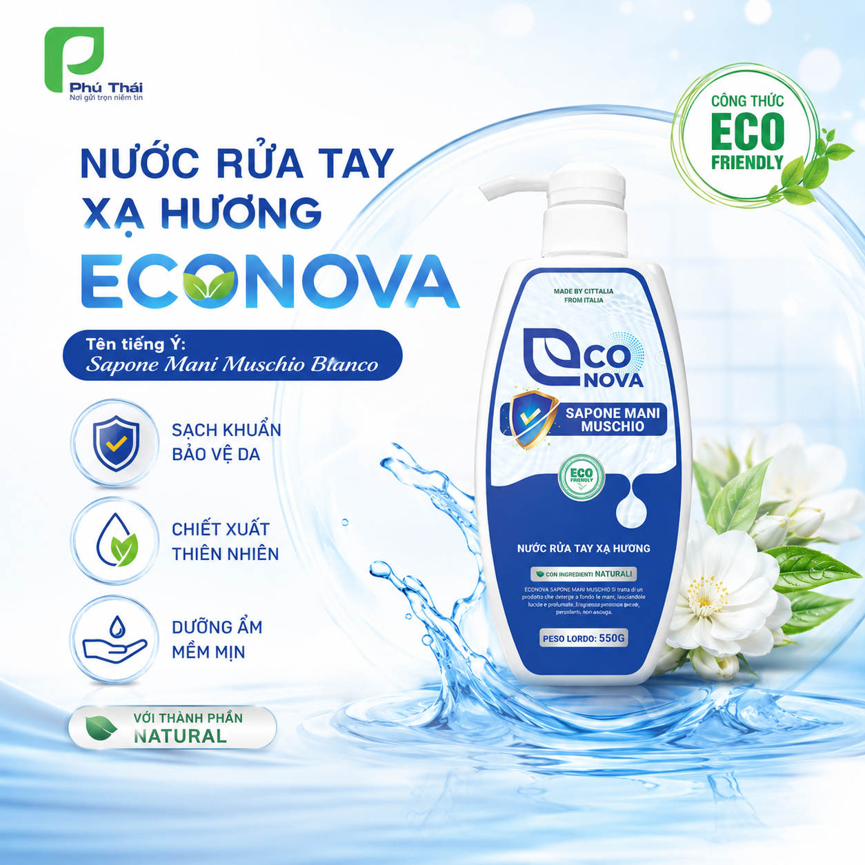 Nước rửa tay xạ hương Econova (Chai 550g)