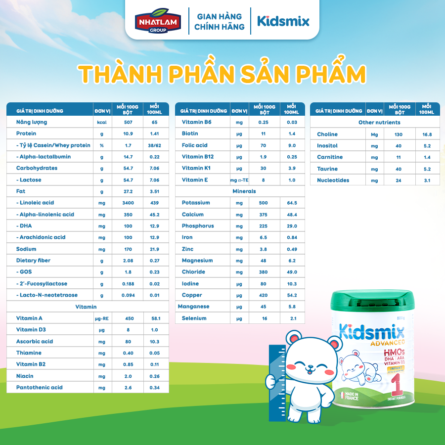 Sữa Bột Công Thức Kidsmix Advanced Số 1 800gr Dành Cho Bé Từ 0-12 Tháng Tuổi