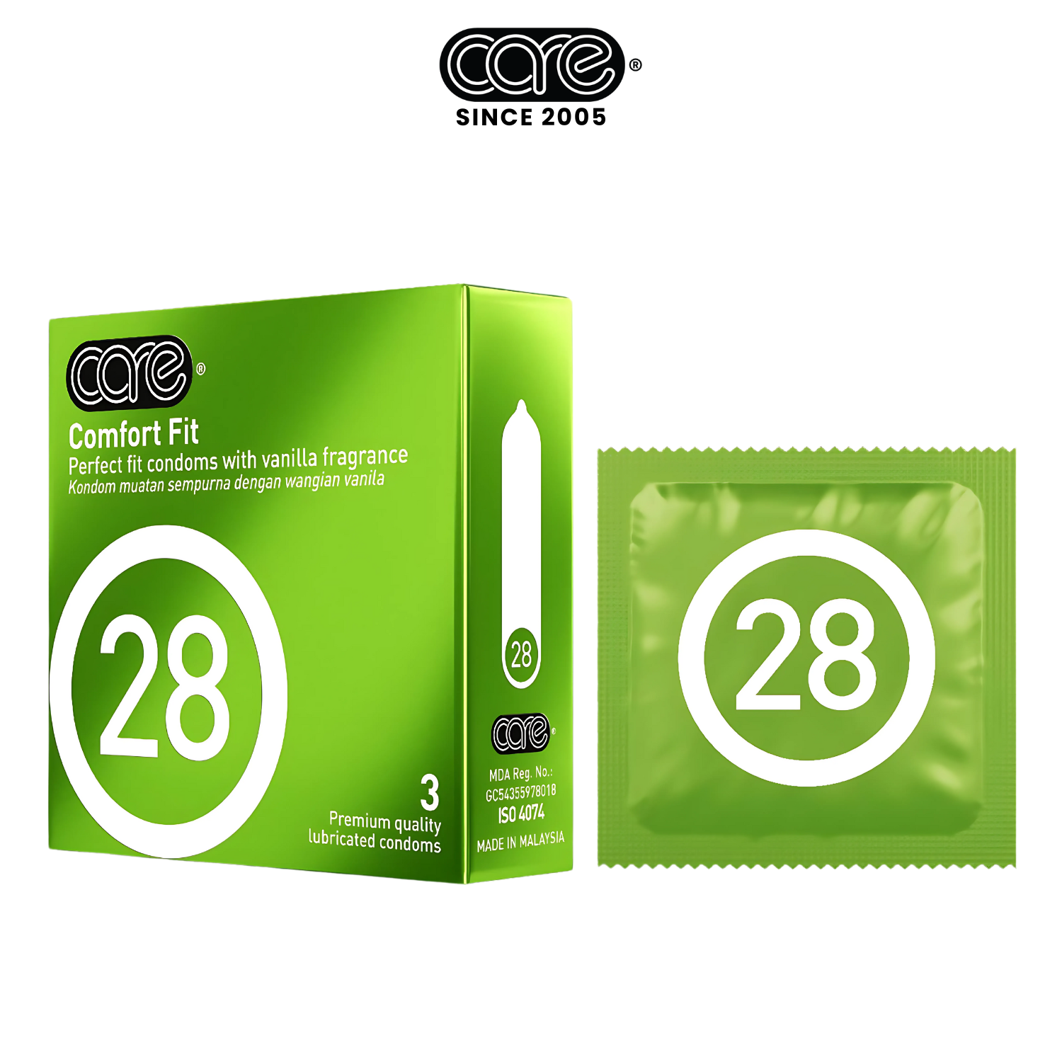 Bao cao su CARE 28 trơn mỏng truyền thống - hương vani (hộp 3 bcs)