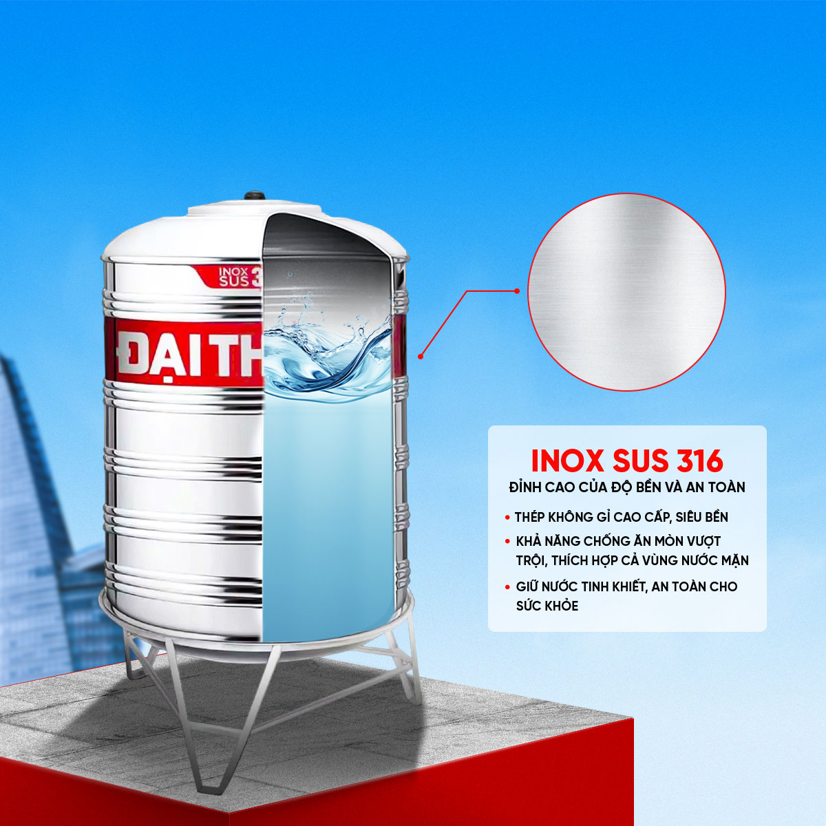 Bồn nước đứng Inox 316 Đại Thành 500L ĐK720 – Chỉ bán tại miền Nam