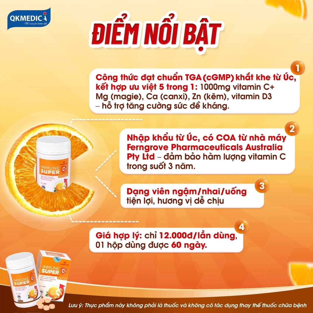 Thực phẩm bảo vệ sức khỏe LunaRosaQ Immune Super C+ (hộp 60 viên)