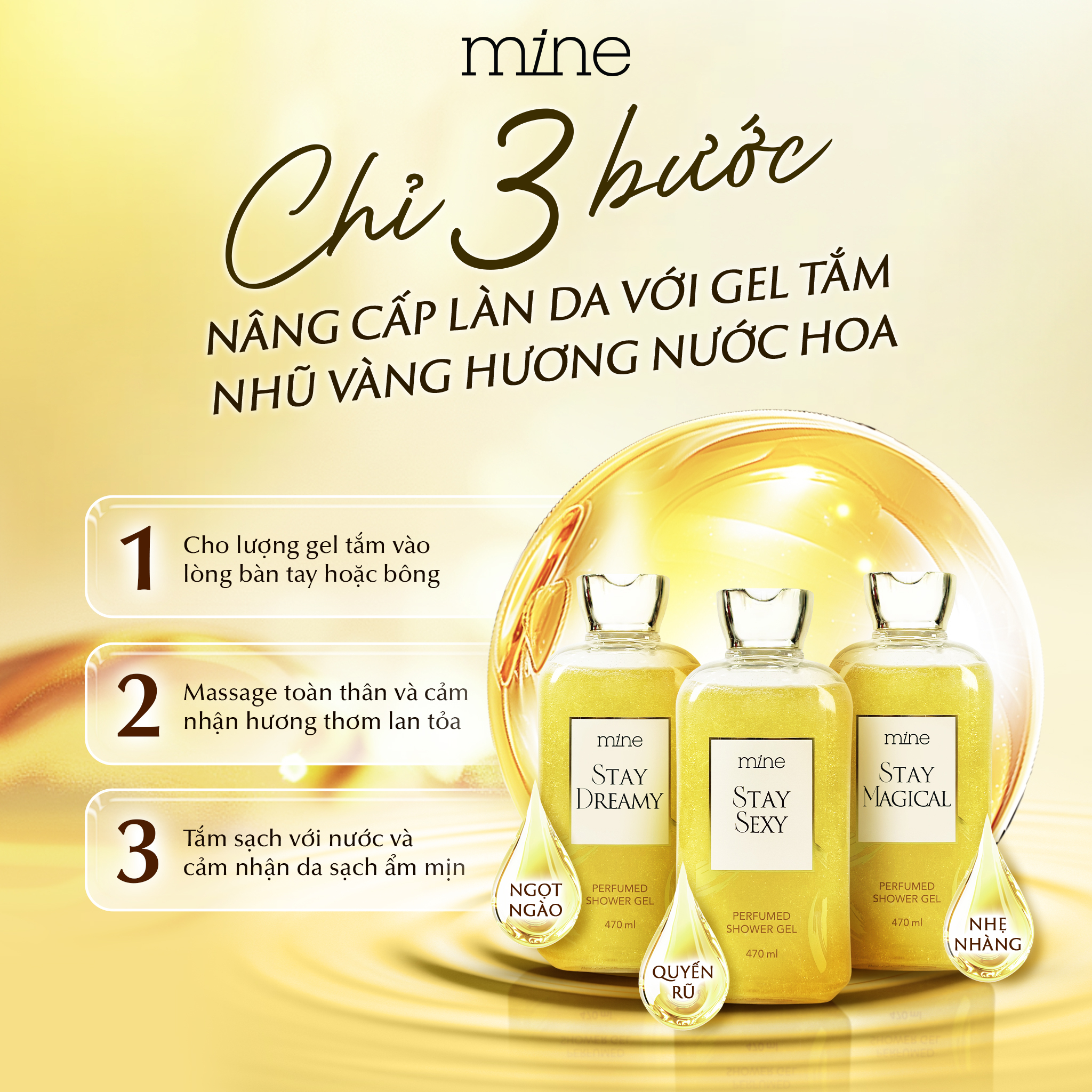 Gel tắm trắng nhũ vàng nước hoa Mine Stay Dreamy 470ml