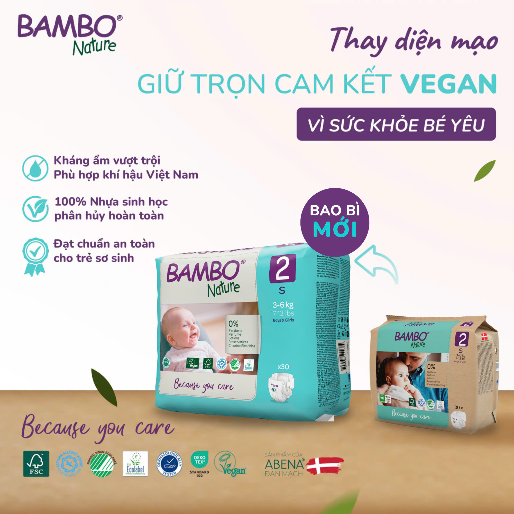 Tã dán trẻ em số 2 - Bambo Nature size 2-S, từ 3-6kg, 30 miếng/gói, bao bì màu xanh