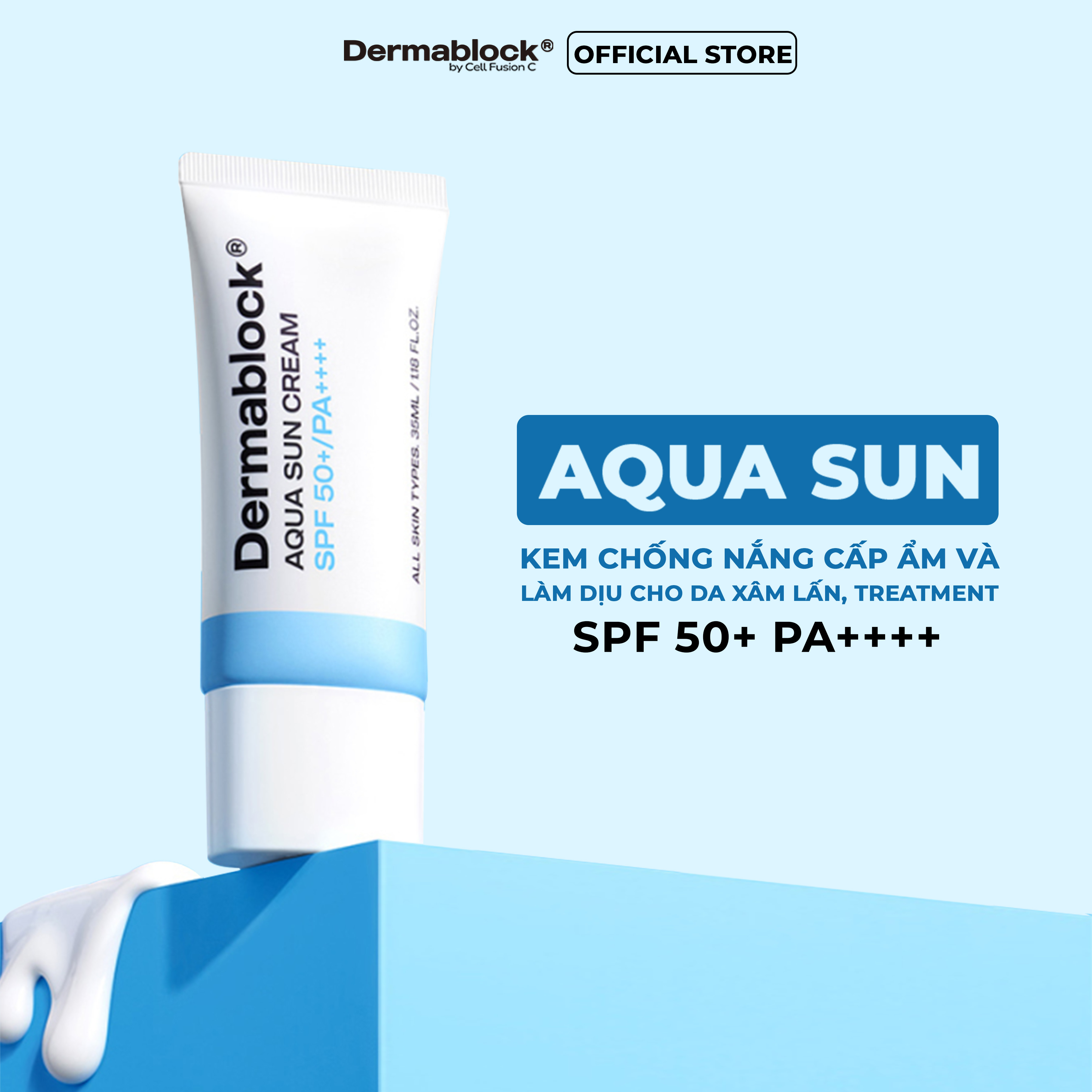 Kem chống nắng cấp ẩm và làm dịu cho da xâm lấn, treatment Dermablock Aqua Sun Cream SPF50+ PA++++ 35ml
