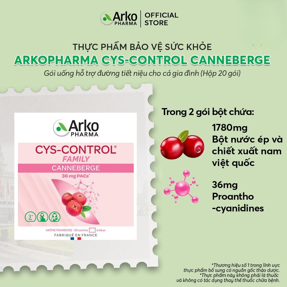 Gói uống hỗ trợ đường tiết niệu cho cả gia đình Arkopharma CYS-CONTROL CANNEBERGE(hộp 20 gói) - Phân phối chính hãng
