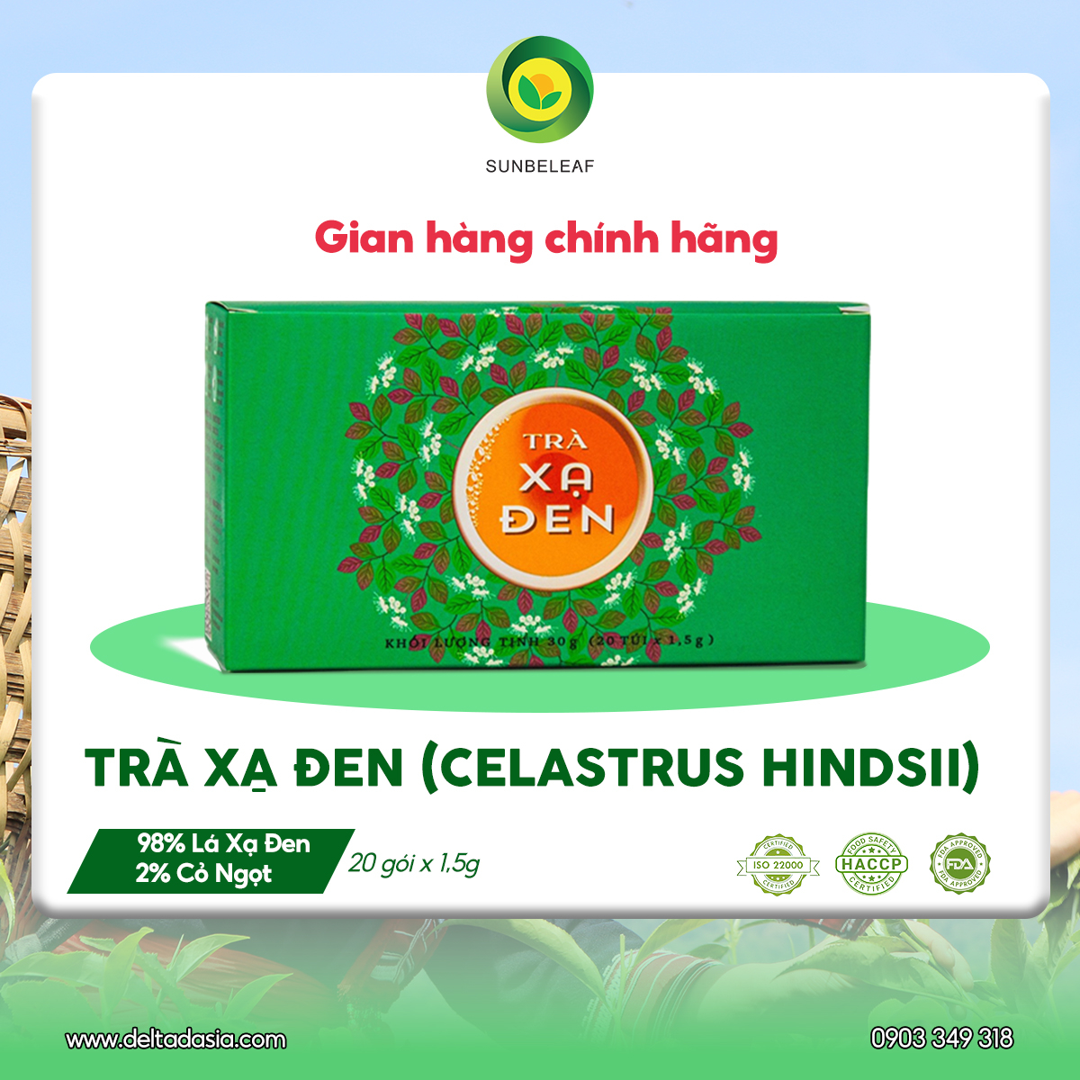 Trà Xạ Đen Hòa Bình Sunbeleaf - Dành Cho Người Chú Trọng Chăm Sóc Sức Khỏe Và Lối Sống Thanh Lọc Tự Nhiên - Hộp 20 Gói