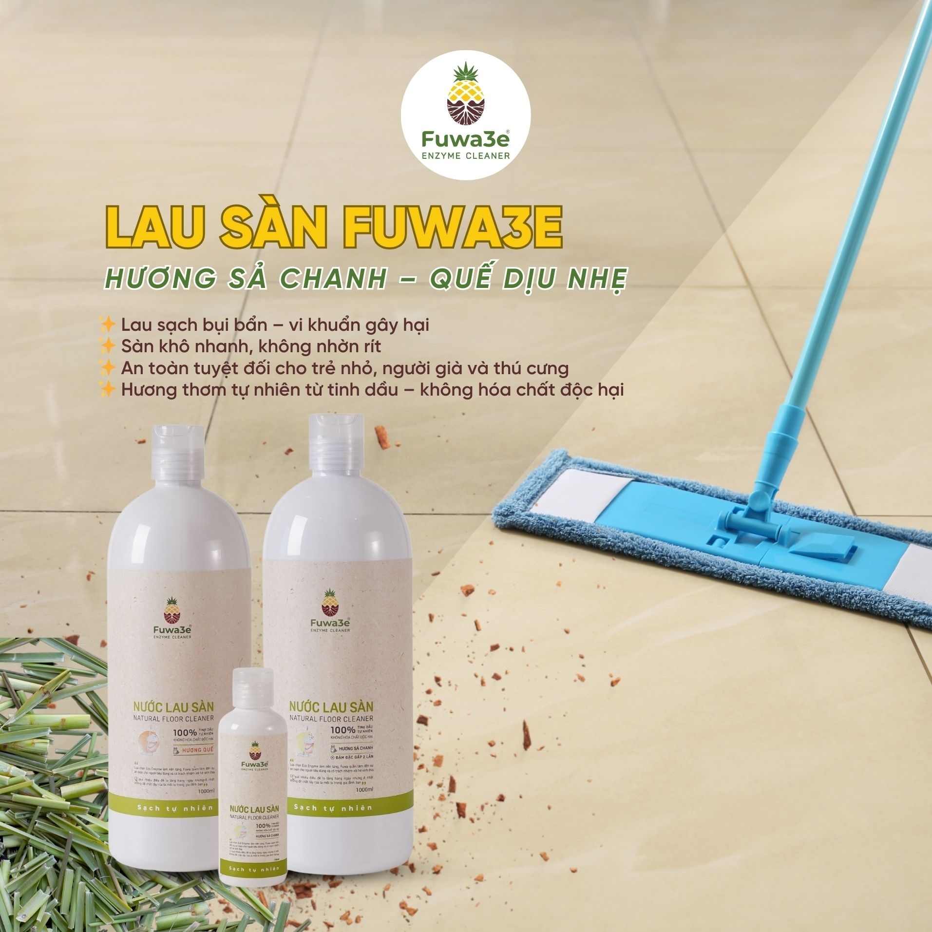 Nước lau sàn sả chanh Fuwa3e 90% enzyme dứa  100ml