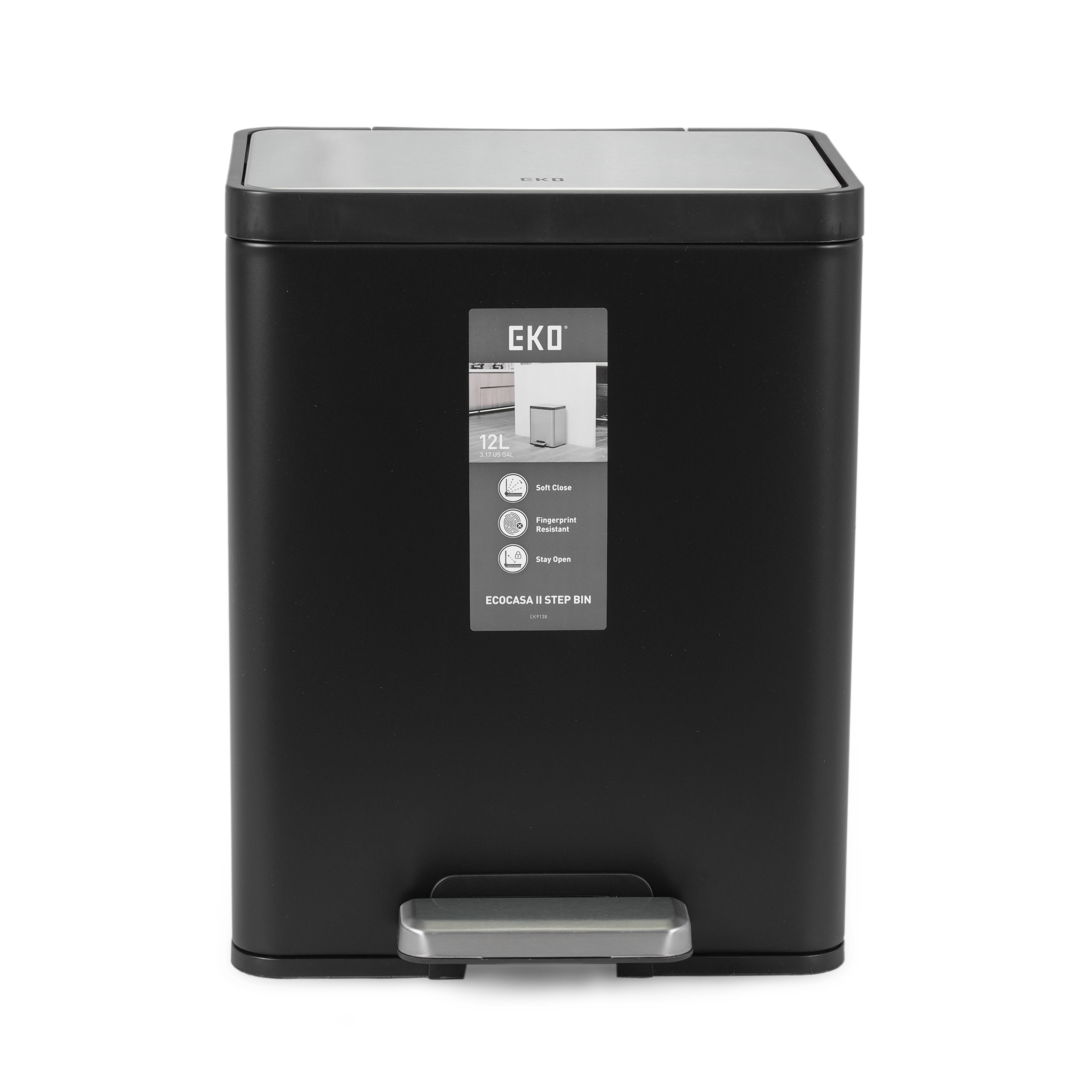Thùng rác inox 12L nắp bật, chống ồn Eko - Đen_384622