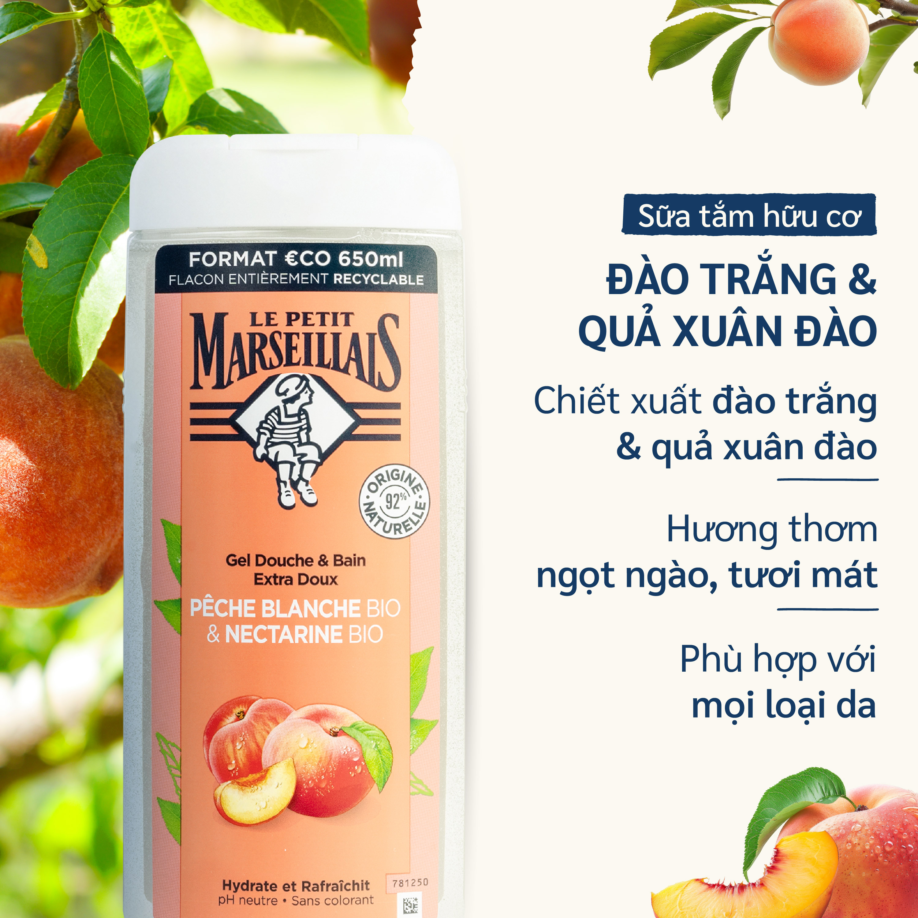 Gel tắm/ Sữa tắm và ngâm bồn dạng kem 92% hữu cơ LE PETIT MARSEILLAIS 650ml