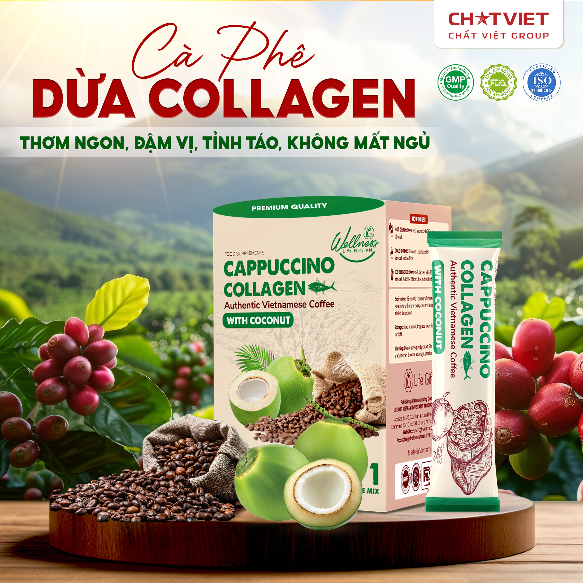 Cà phê dừa Cappuccino Collagen – Giúp tỉnh táo, đẹp da (20 gói x 18g) - Phân phối chính hãng