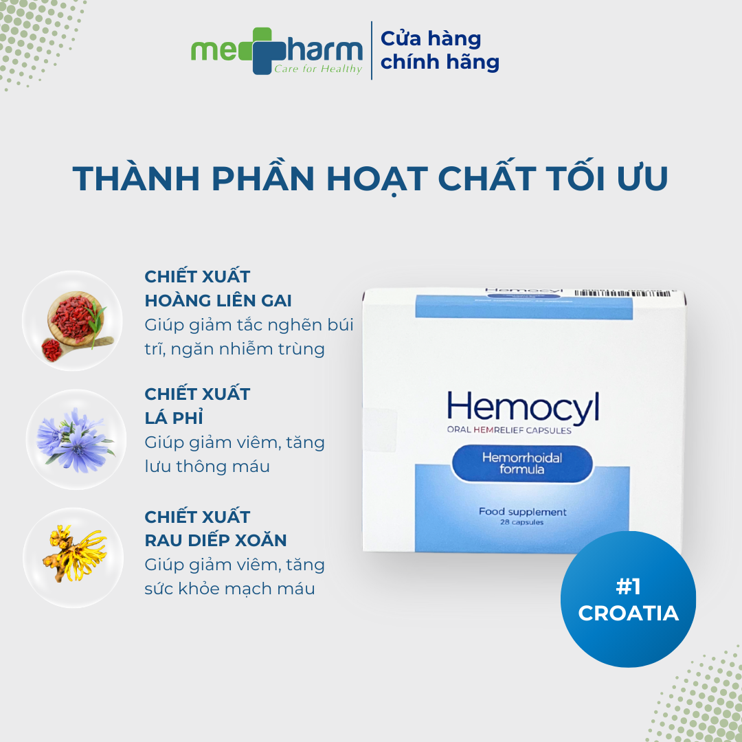 Viên uống Hemocyl - Hỗ trợ cải thiện triệu chứng trĩ: đau rát, ngứa hậu môn, chảy máu (Hộp 28 viên)