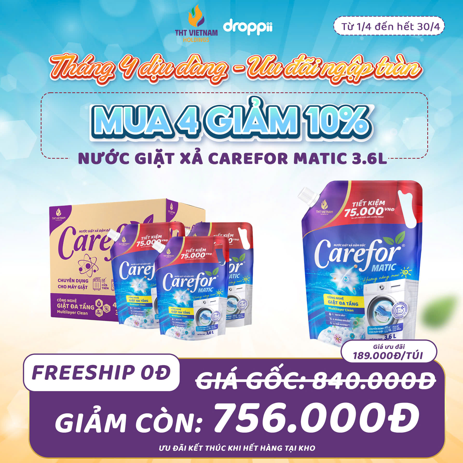 Nước giặt xả đậm đặc Carefor matic 3600ml (hương nắng mai) - Phân phối chính hãng Droppii Store