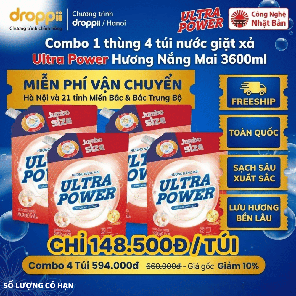 Thùng 4 túi Nước giặt xả Ultra Power hương Nắng Mai 3600ml