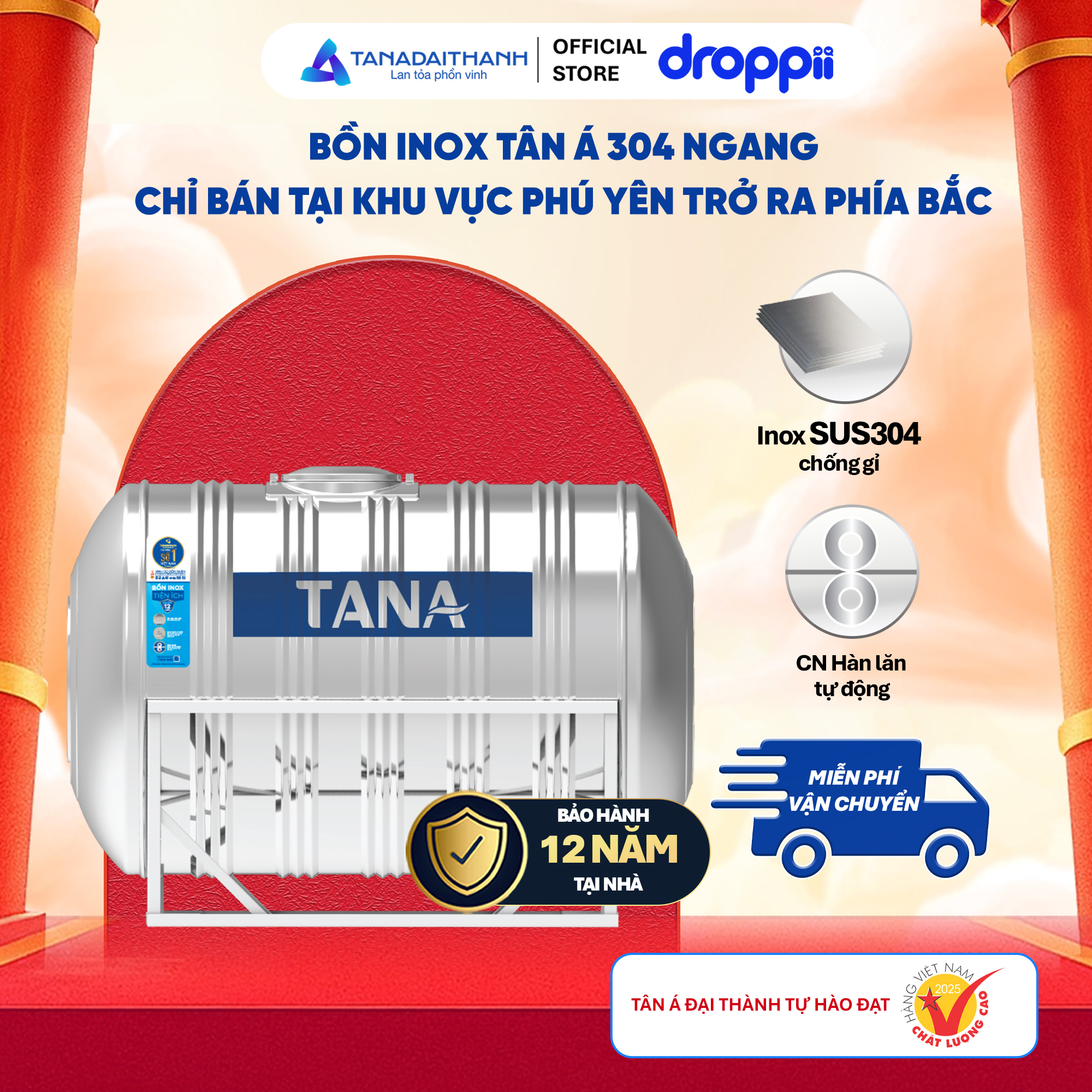 Bồn inox Tân Á ngang 4000l ĐK 1340 (Phân phối từ khu vực Bình Định trở ra phía Bắc)