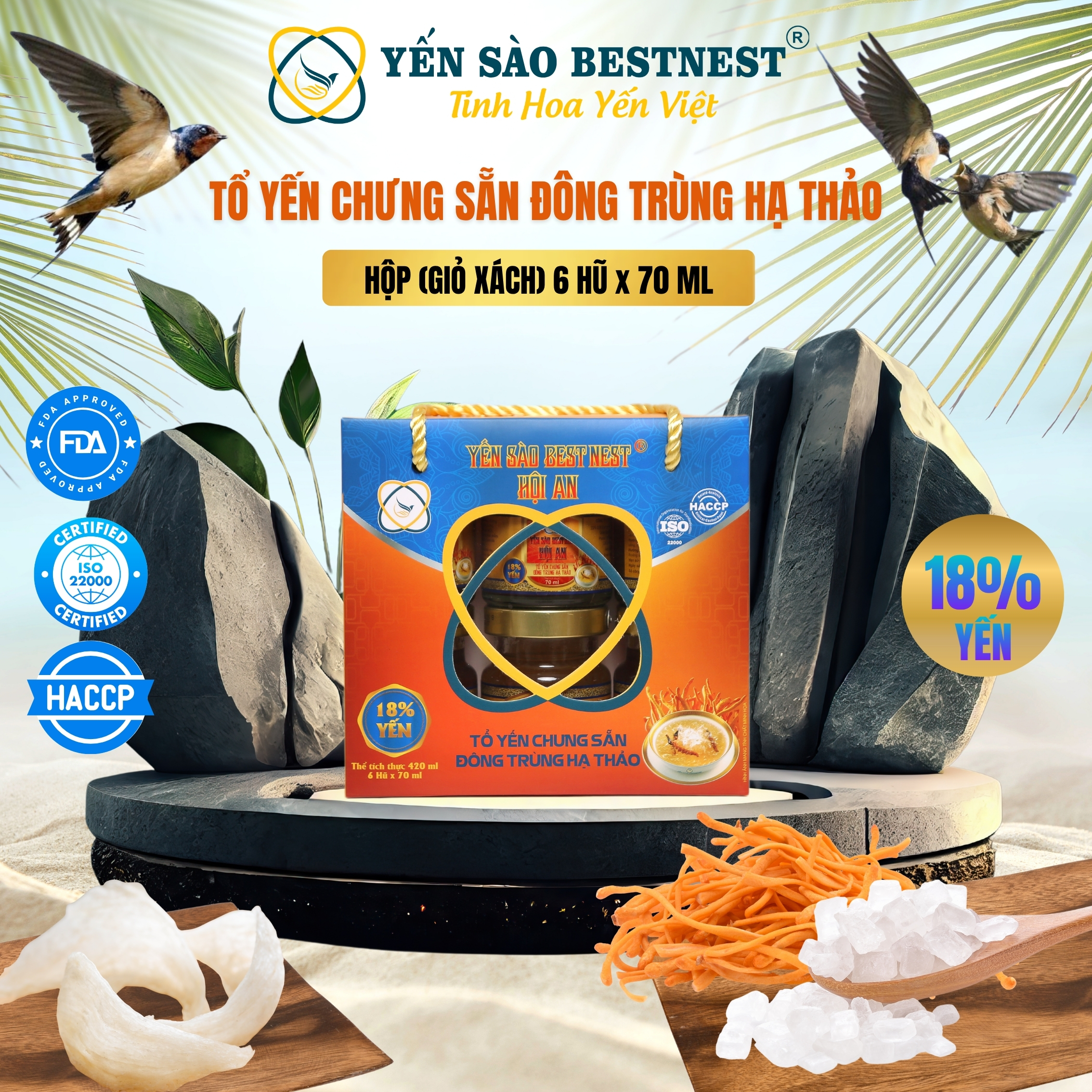 Hộp 6 hũ Tổ yến chưng sẵn BESTNEST HỘI AN 18% Đông Trùng Hạ Thảo