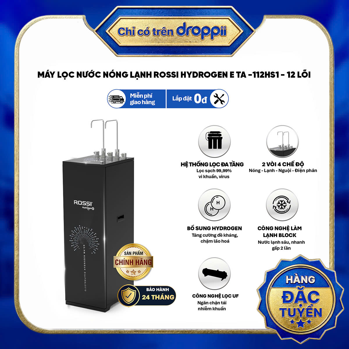 Máy lọc nước nóng lạnh nguội điện phân RO Rossi Hydrogen E TA-112HS1 - 12 lõi bổ sung hydrogen - Phân phối chính hãng