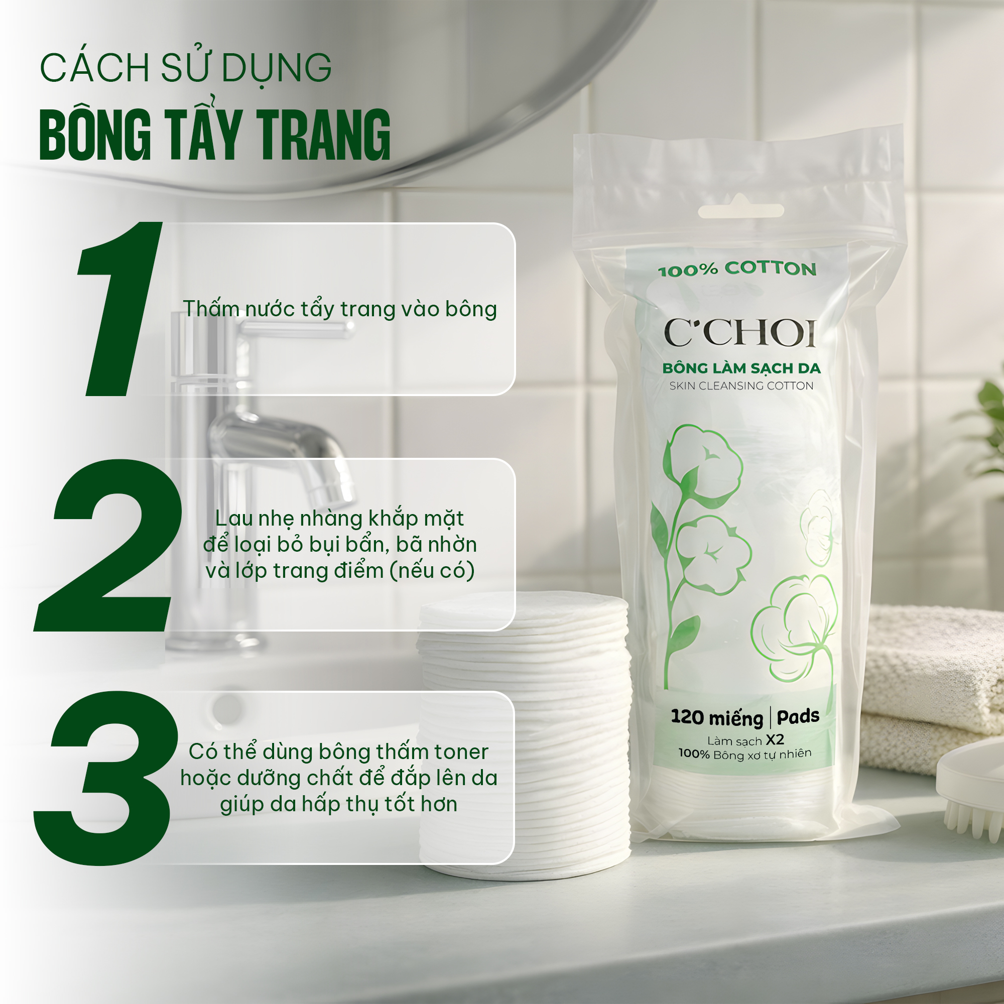 Combo 3 túi Bông Làm sạch da (360 miếng)