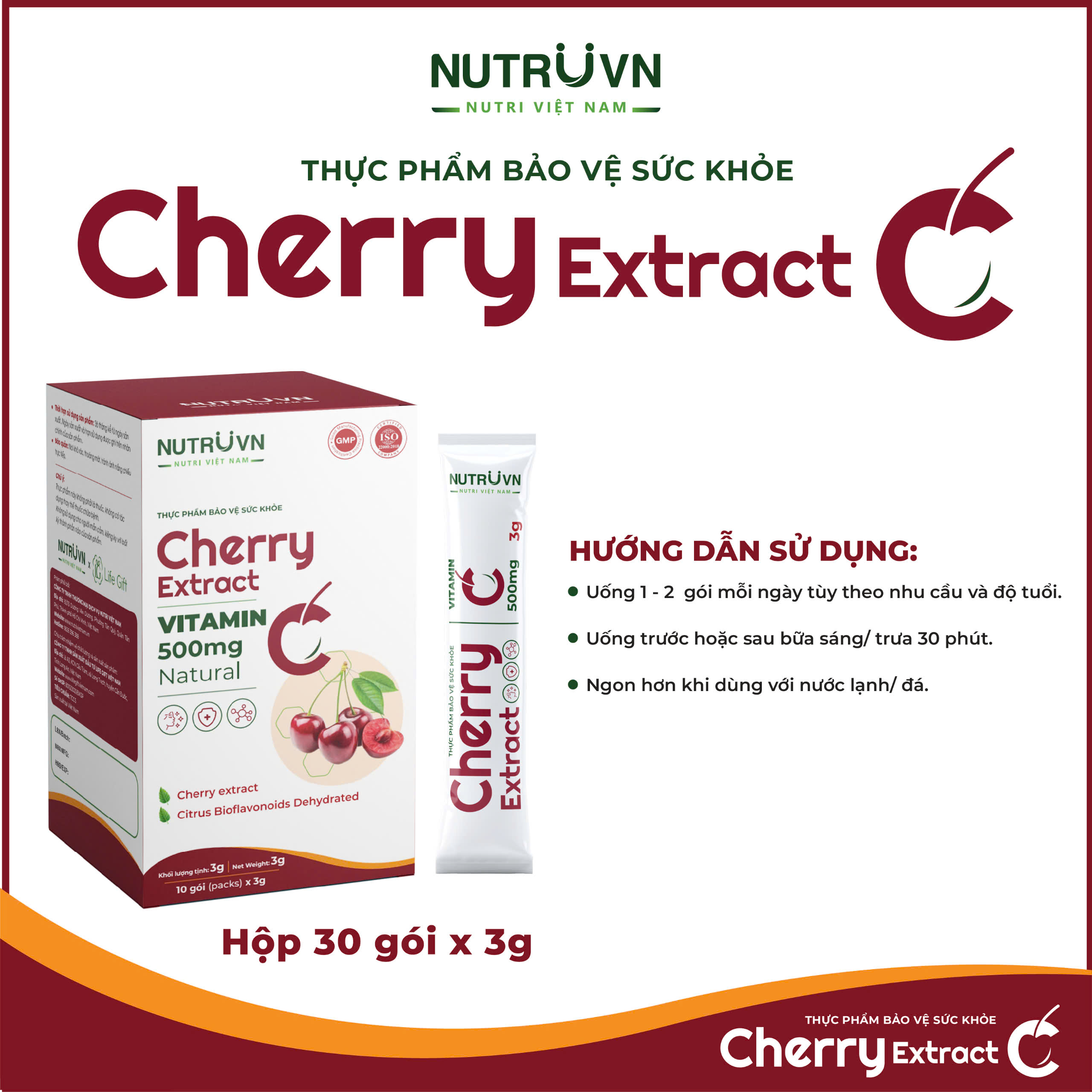Cherry Extract bổ sung vitamin C tăng cường miễn dịch (30 gói) - Phân phối chính hãng
