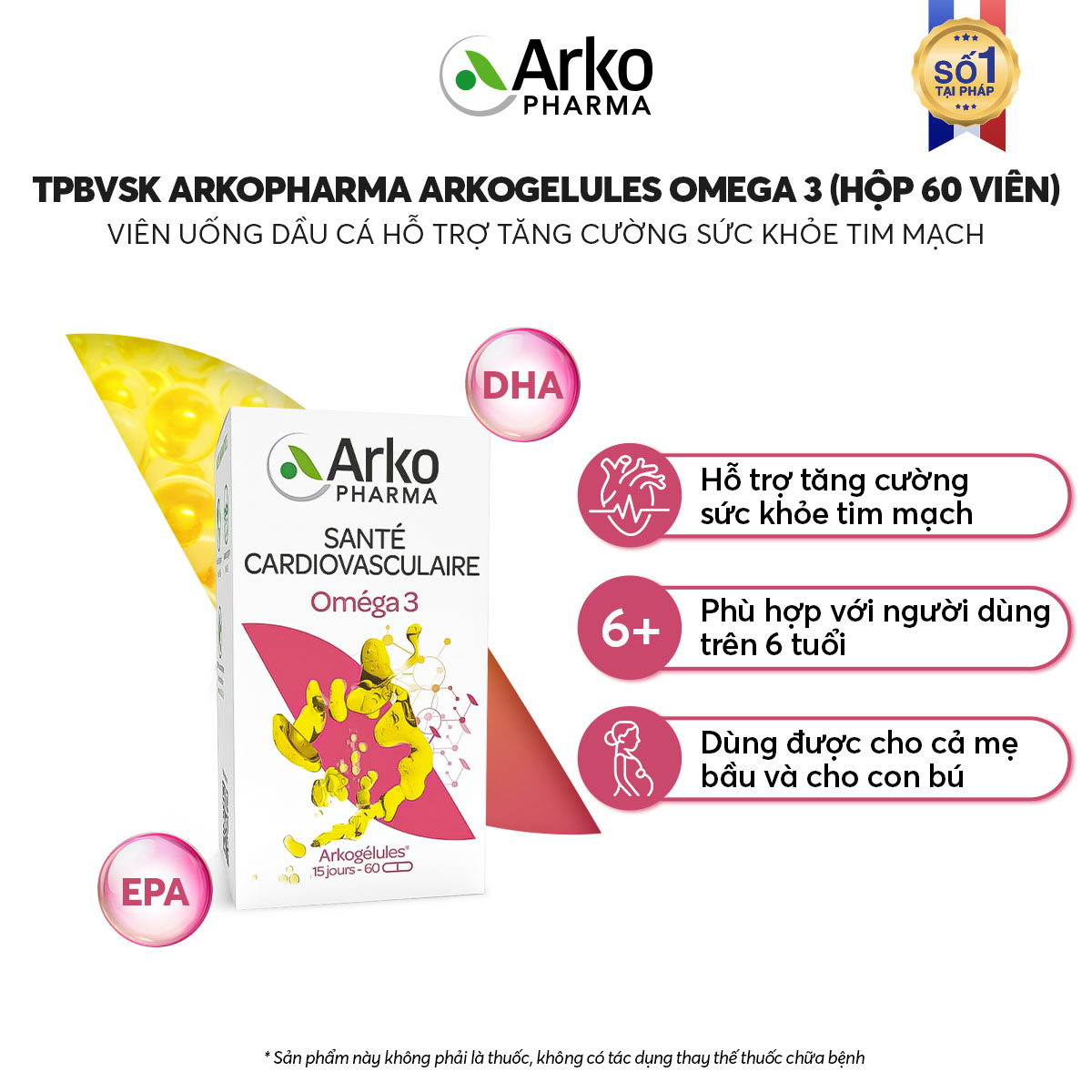 Viên uống ARKOPHARMA ARKOGELULES OMEGA 3 hỗ trợ tăng cường sức khỏe tim mạch (Hộp 60 viên) - Phân phối chính hãng